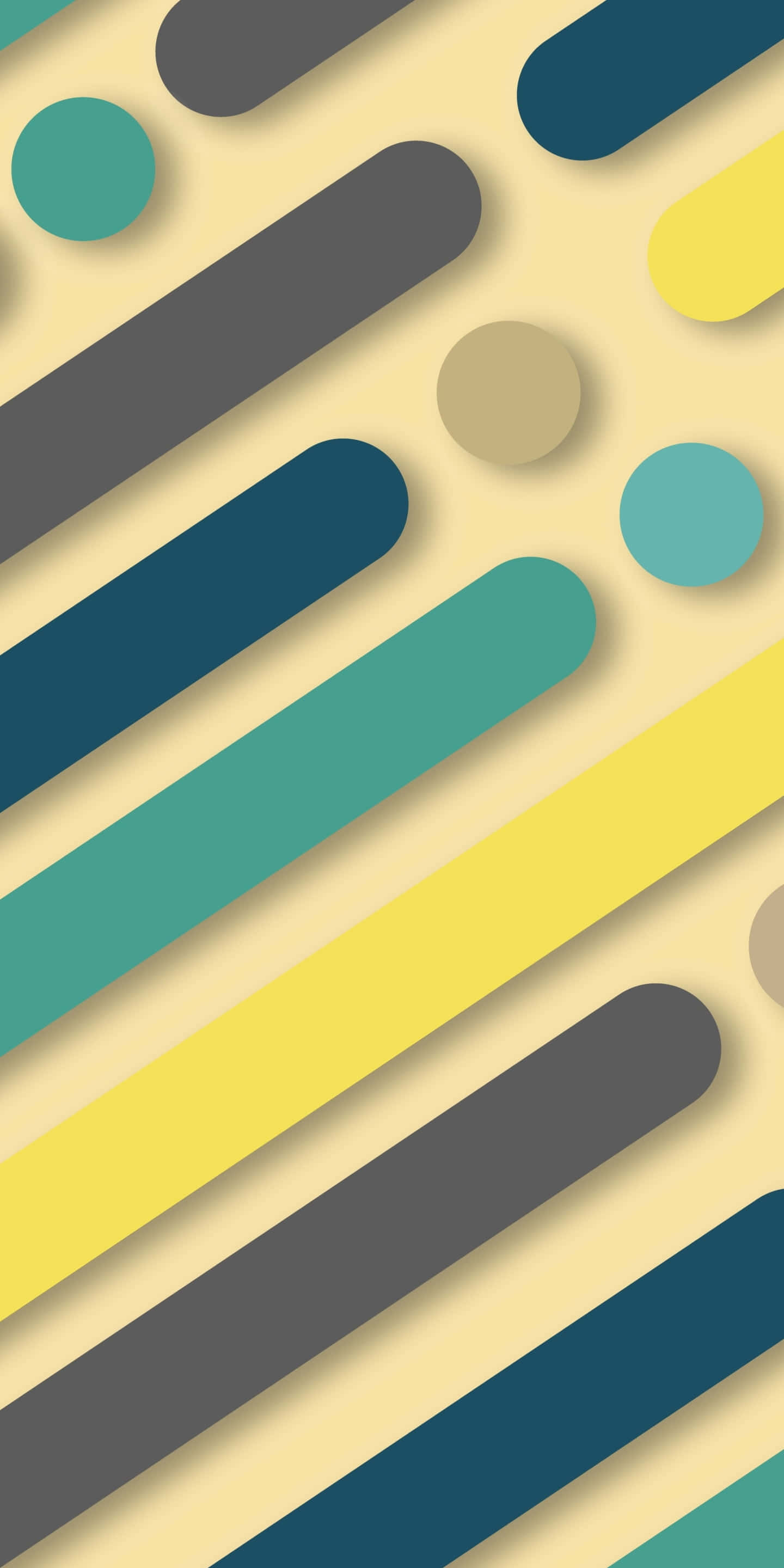 Android Material 桌布 壁紙 — 青綠色、黃色、灰色和米色的對角線條紋和圓圈，營造出帶有柔和陰影的現代抽象圖案。