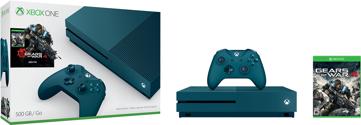 Xbox 桌布 壁紙 — 青綠色Xbox One主機和控制器與Gears of War 4遊戲盒展示在黑色背景上。