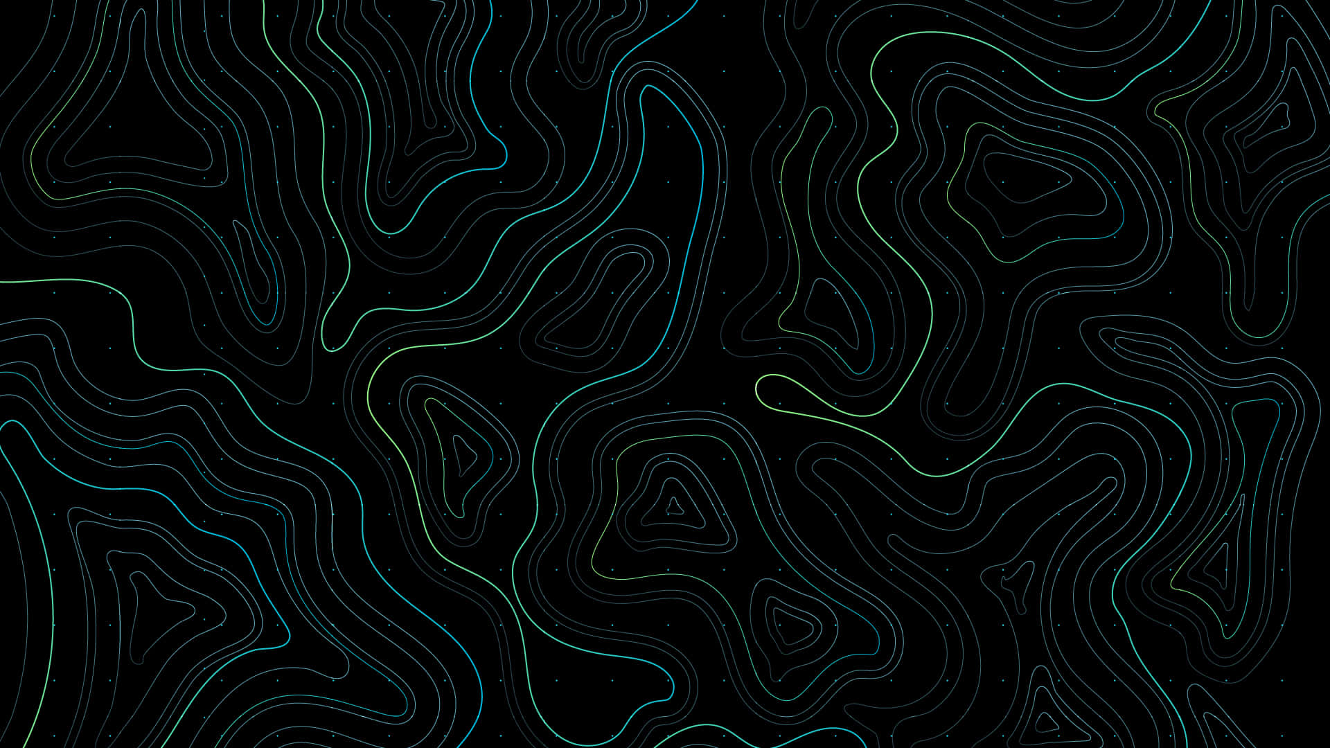 Outline 桌布 壁紙 — 青綠色和白色的抽象發光輪廓線條在繁星點點的黑色背景上流動，如同宇宙地形圖。