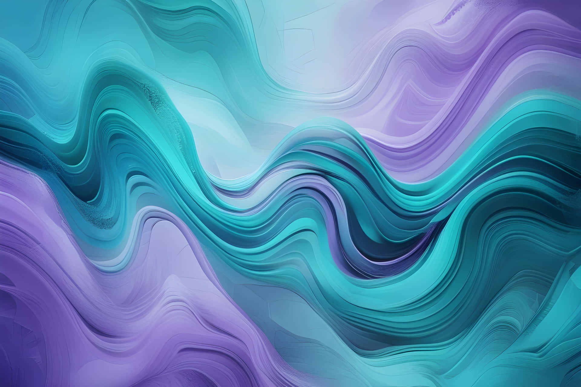 Beautiful abstract 壁紙 — 青綠色和薰衣草色的流體波浪在夢幻般的抽象畫布上以分層、光澤的絲帶形式旋轉。