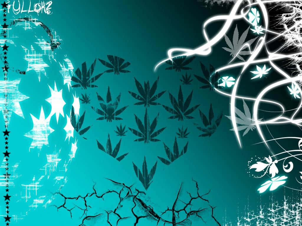 美學 桌布 壁紙 — 青綠色數位藝術桌布，帶有黑色大麻葉、白色發光漩渦和裂開的地面圖案。