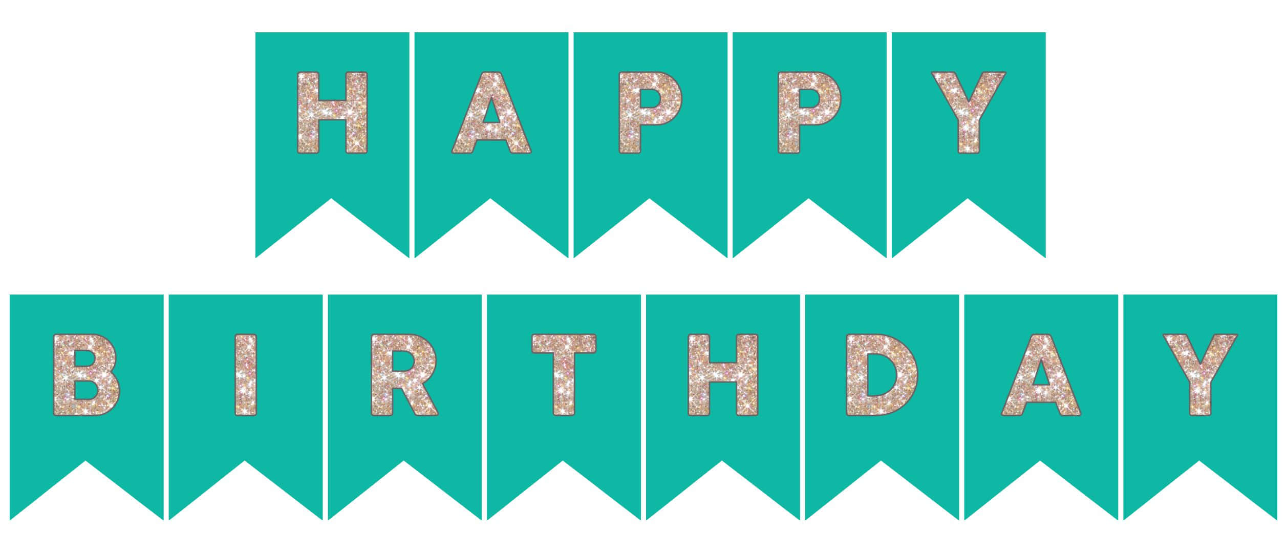 生日快樂 桌布 壁紙 — 青綠色橫幅，上面有閃閃發光的金色字母拼出「happy birthday」，分兩行。
