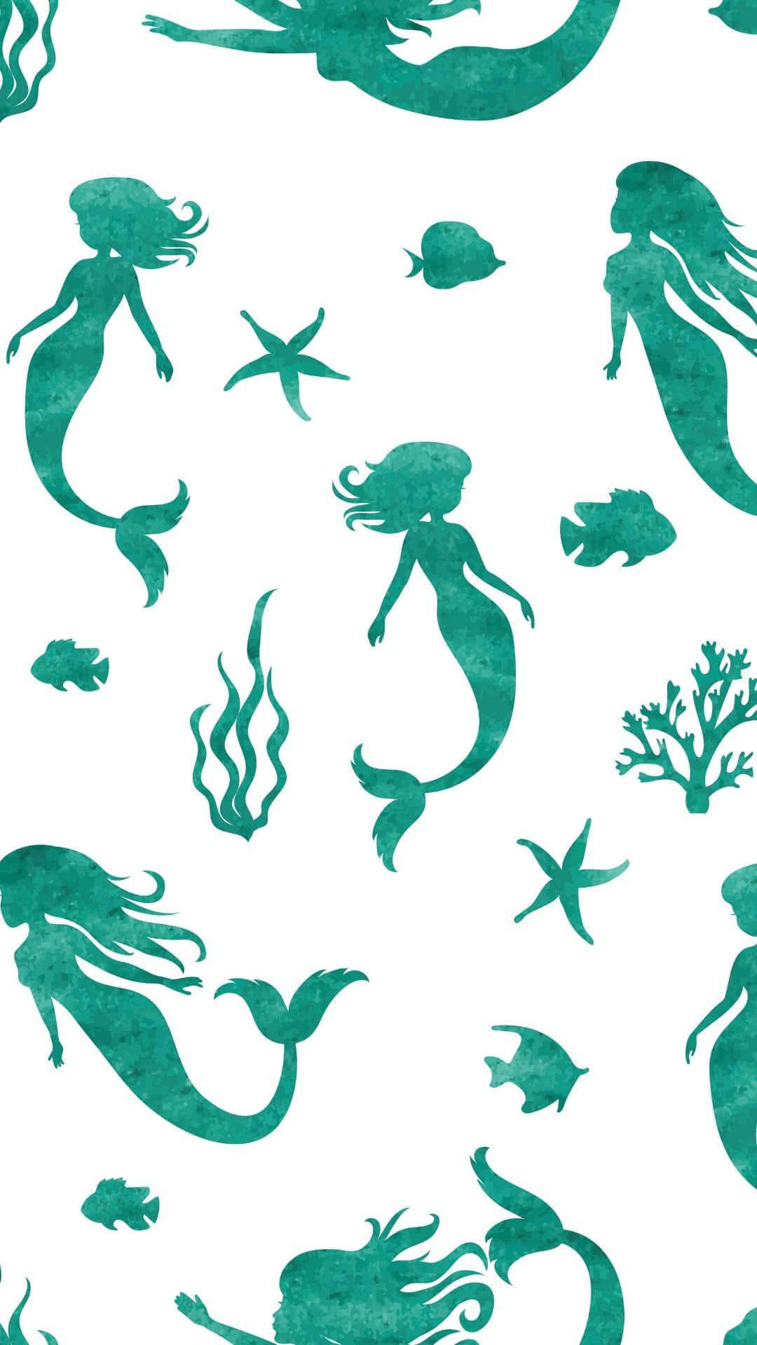 美人魚 桌布 壁紙 — 青綠色水彩美人魚、魚和珊瑚在乾淨的白色背景上以重複圖案優雅地漂浮。