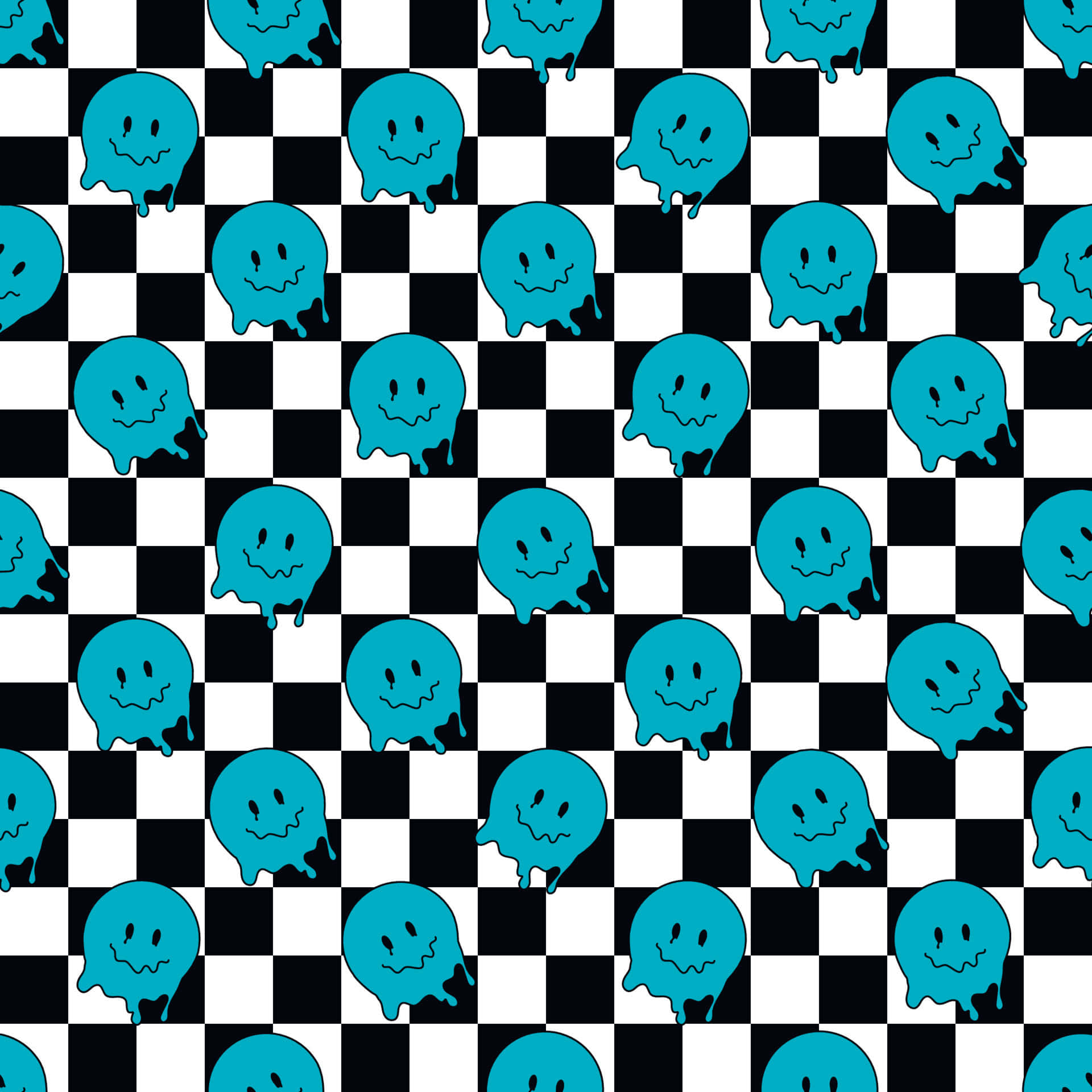 Aesthetic Trippy Smiley Face 桌布 壁紙 — 青綠色滴落笑臉重複在醒目的黑白棋盤格圖案上。