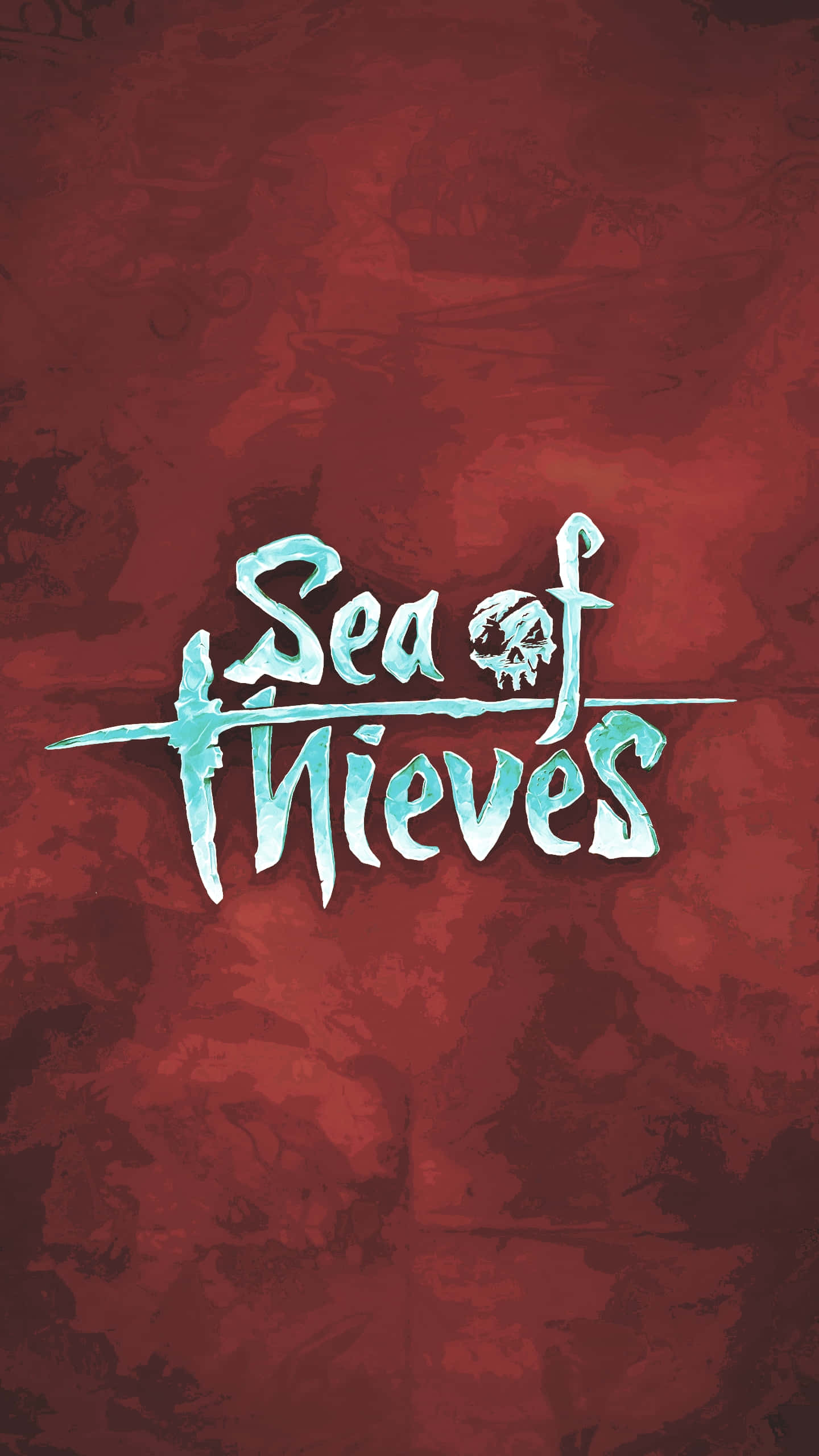 Sea Of Thieves Phone 桌布 壁紙 — 青綠色的 Sea of Thieves 標誌帶有骷髏頭徽章，在紋理深紅色背景上發光。