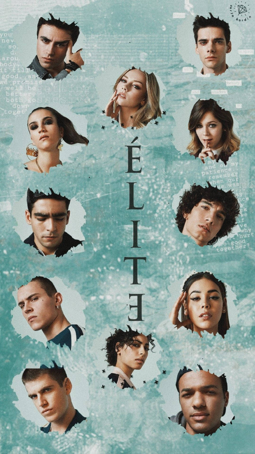 Elite 桌布 壁紙 — 青綠色紋理背景，展示九幅來自《菁英殺機》系列年輕演員的撕紙肖像，並帶有碎片化文字疊加。