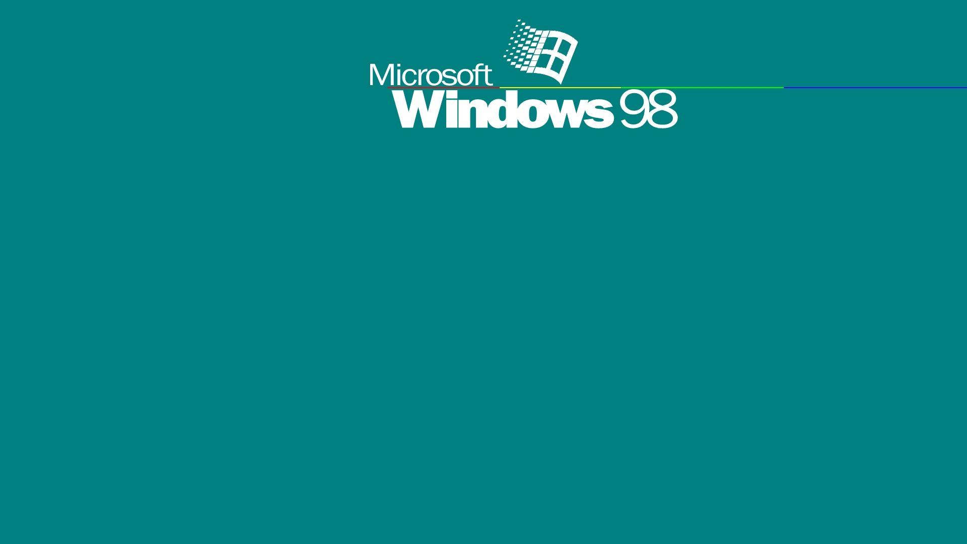 Windows 98 桌布 壁紙 — 青綠色背景，帶有白色 Microsoft Windows 98 標誌和綠色藍色線條。