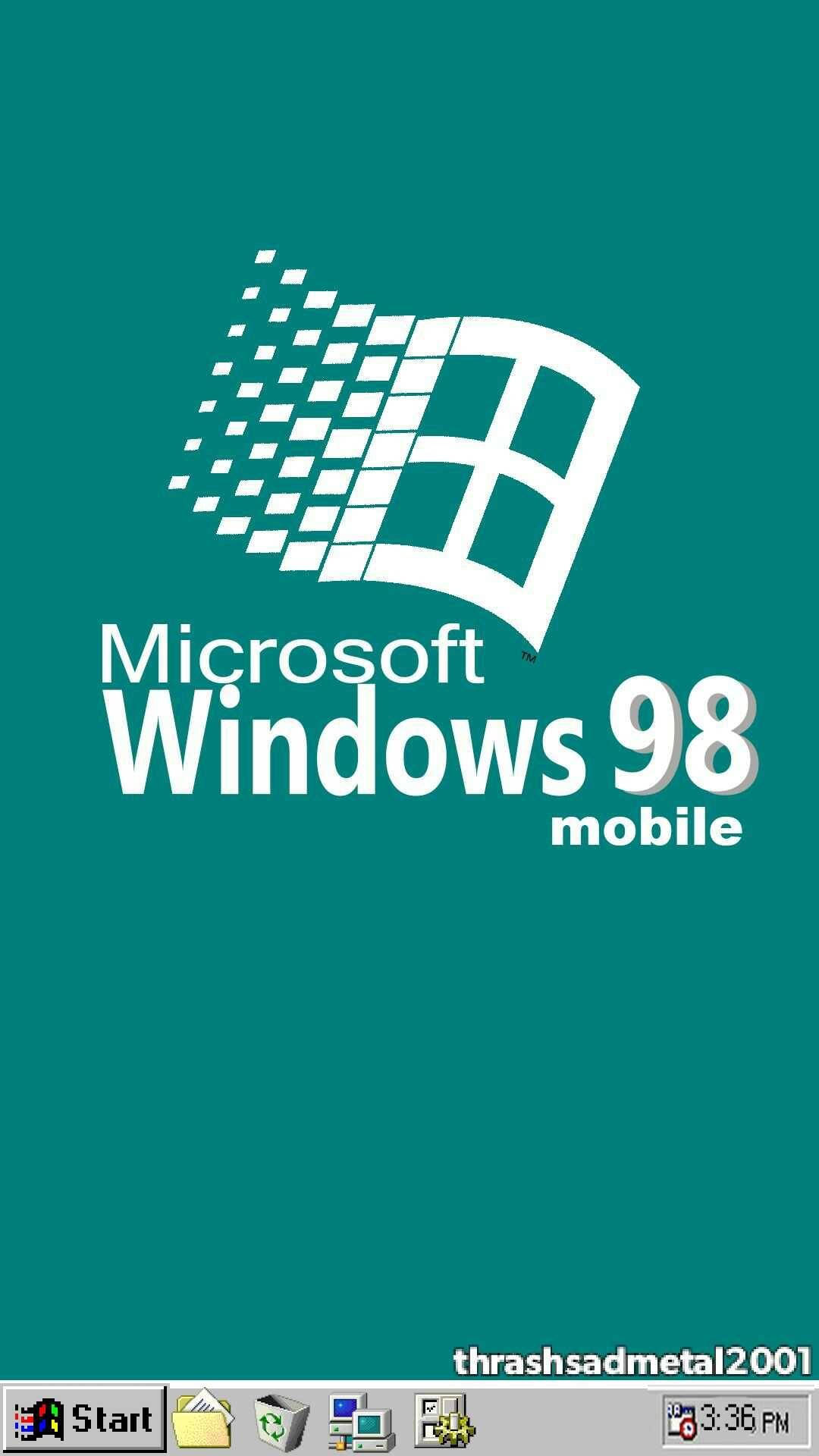 Windows 98 桌布 壁紙 — 青綠色背景，底部有白色 Microsoft Windows 98 手機標誌和工作列。