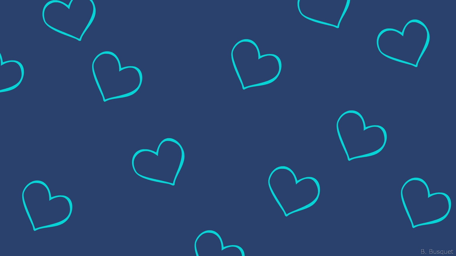 Blue Heart 桌布 壁紙 — 青色輪廓的心形在深藍色背景上以分散圖案漂浮。