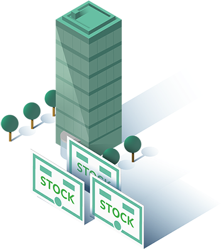 股市 桌布 壁紙 — 青藍色摩天大樓的等角插圖，帶有「STOCK」標誌和樹木，位於藍色小徑上。