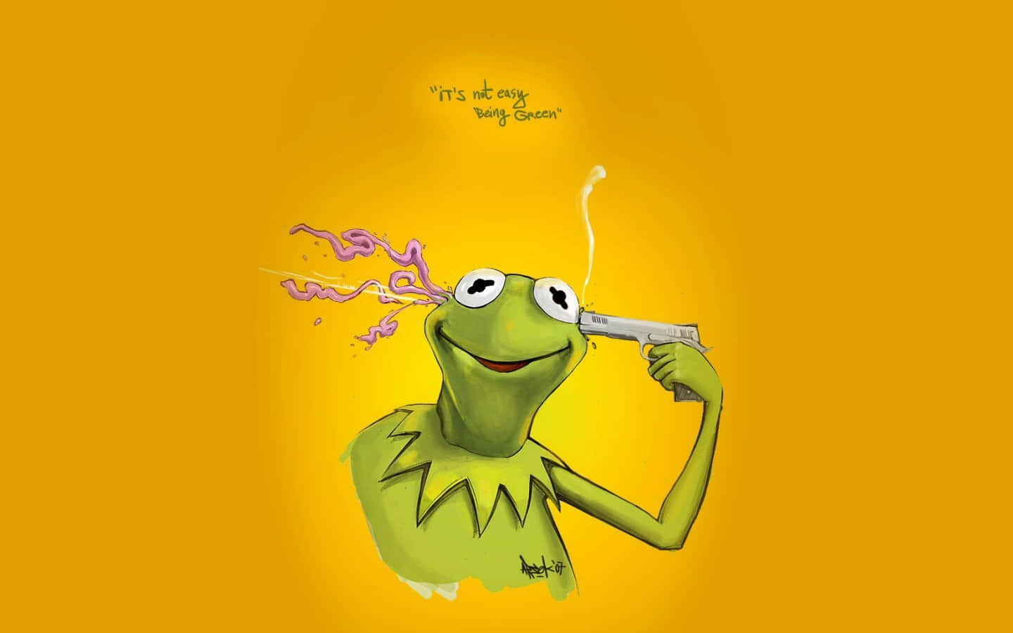 Aesthetic Kermit 桌布 壁紙 — 青蛙柯密特微笑著，手持冒煙的槍，鼻子噴出紫色煙霧，背景為純黃色。