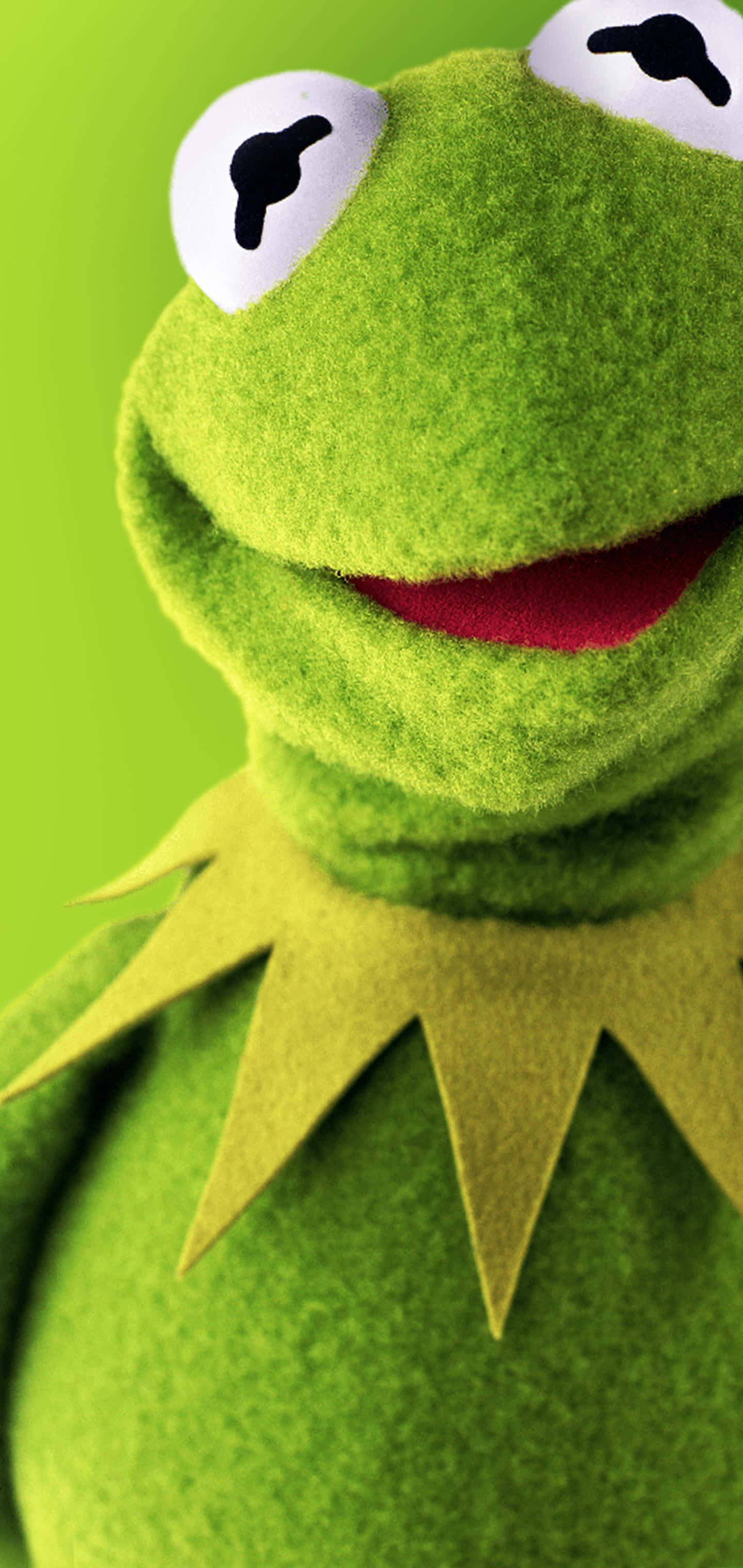 Aesthetic Kermit 桌布 壁紙 — 青蛙柯密特快樂的綠色氈毛臉部特寫，大眼睛和紅色嘴巴，背景為純青檸綠色。