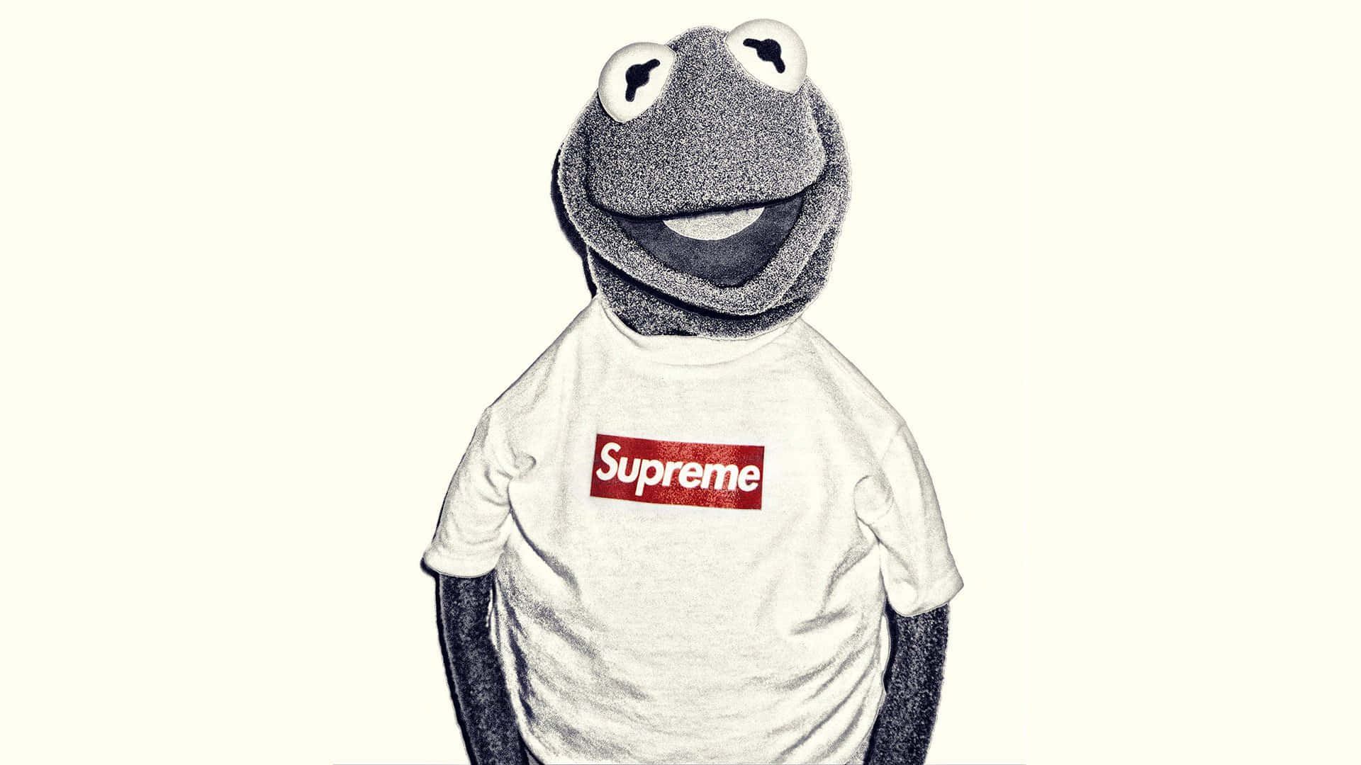 Aesthetic Kermit 桌布 壁紙 — 青蛙柯米克穿著白色Supreme T恤，背景為純色奶油色，具有紋理和風格化的外觀。