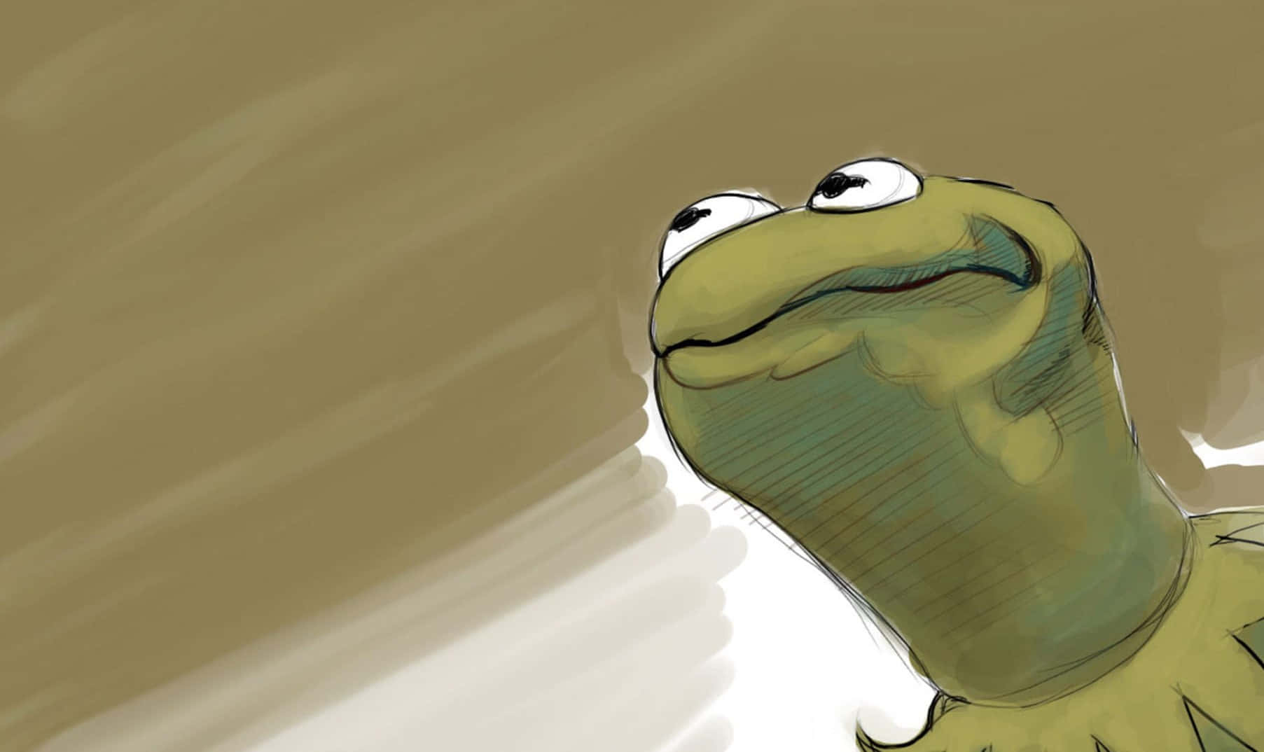 Aesthetic Frog 桌布 壁紙 — 青蛙柯米特的特寫插圖，他向上看，帶著溫柔的笑容，背景是柔和的米色。