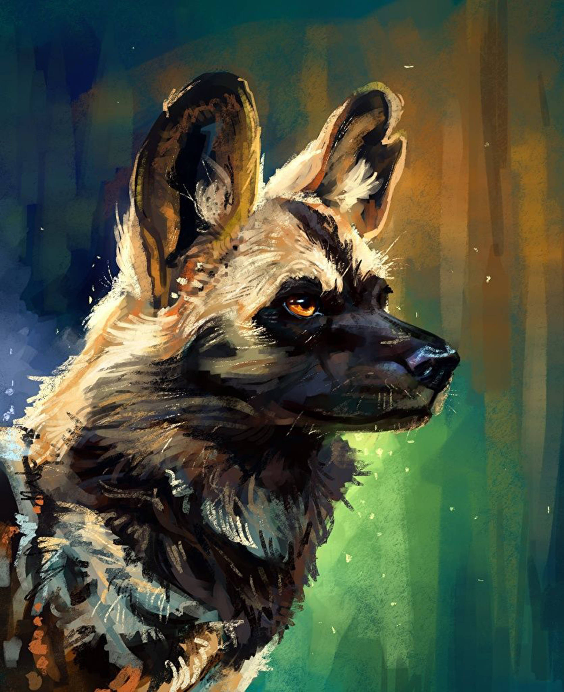 Dog Art 桌布 壁紙 — 非洲野狗側面輪廓，帶有強烈的琥珀色眼睛和紋理皮毛，背景為畫意般的青綠色和金色。
