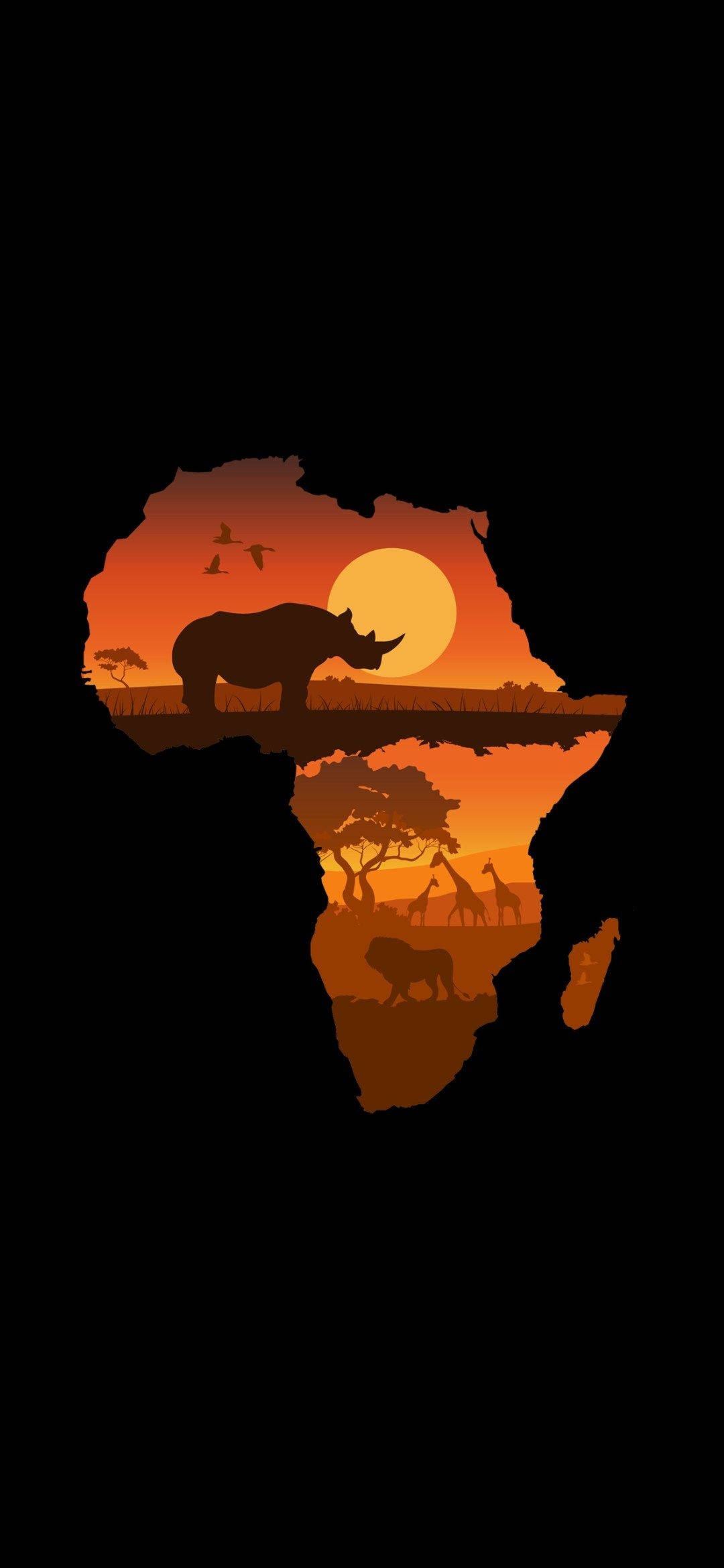 Rhinoceros 桌布 壁紙 — 非洲野生動物剪影在非洲大陸輪廓內，映襯著充滿活力的橙色日落。