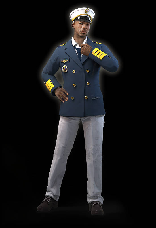 電玩遊戲 桌布 壁紙 — 非裔美國海軍軍官身穿藍色制服，配有金色條紋和白色帽子，自信地站在黑色背景前。