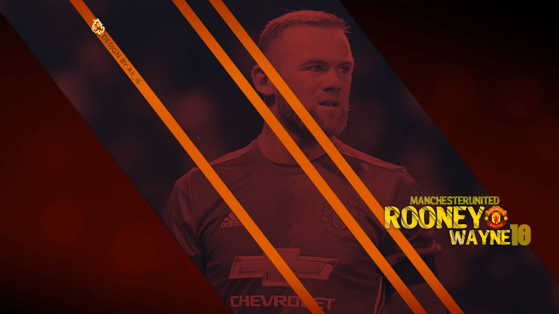 Rooney 桌布 壁紙 — 韋恩·魯尼身穿曼聯球衣，以深紅色背景上的大膽橙色對角線條框住。