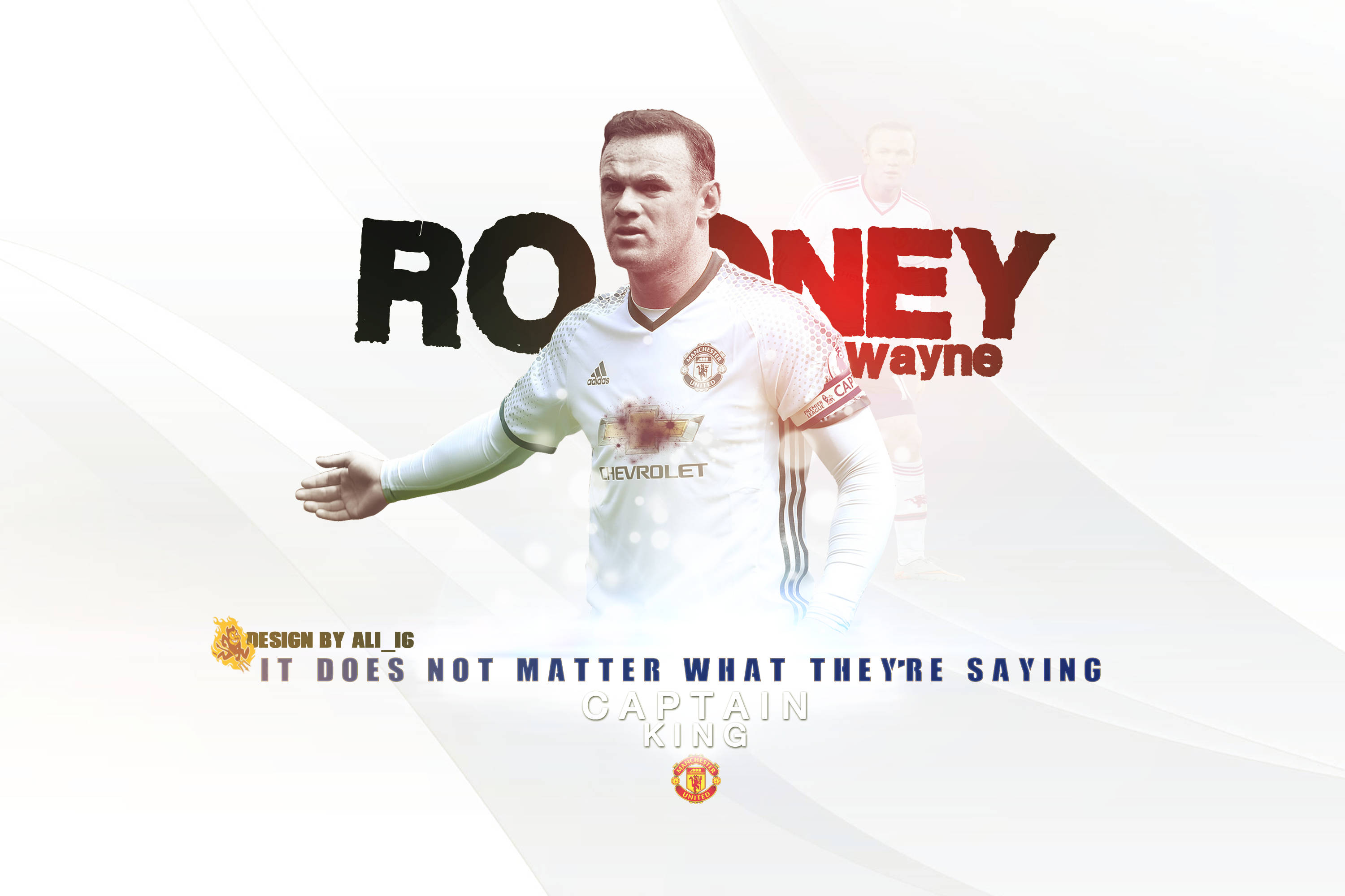 Rooney 桌布 壁紙 — 韋恩·魯尼身穿曼聯球衣，自信地站立，身後有粗體文字和發光效果。
