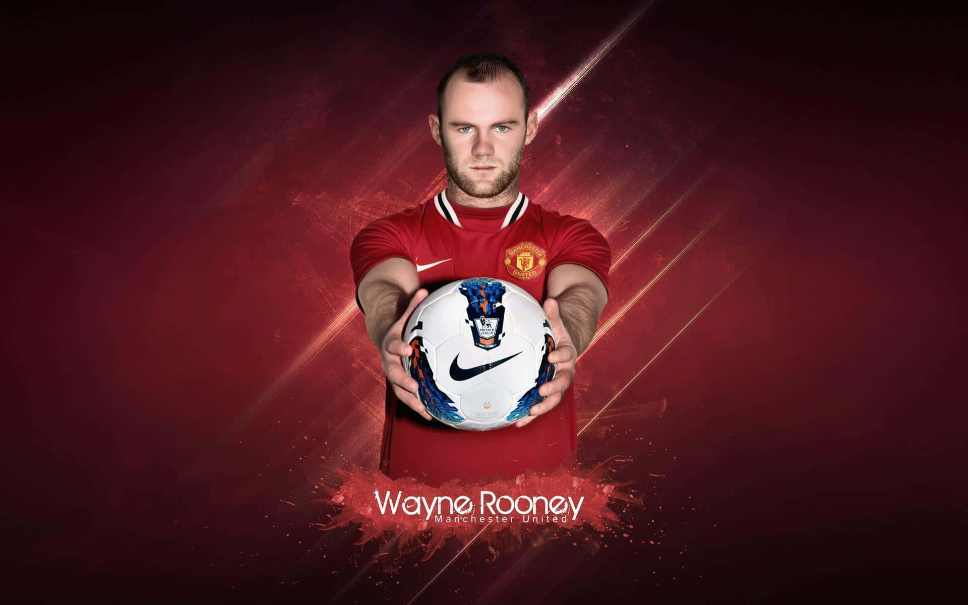 Football Player 桌布 壁紙 — 韋恩·魯尼身穿紅色曼聯球衣，在帶有光線條紋的戲劇性紅色背景下手持Nike足球。