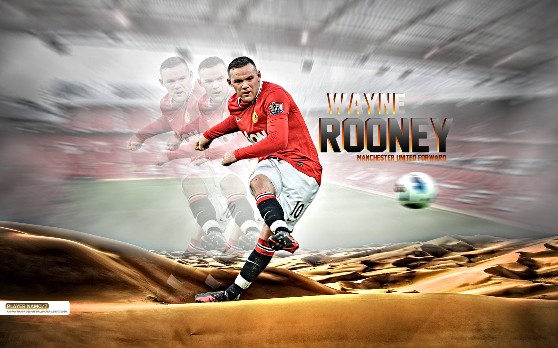 Rooney 桌布 壁紙 — 韋恩·魯尼身穿紅色曼聯球衣，在沙漠沙丘上踢足球，帶有動態模糊和球場背景。