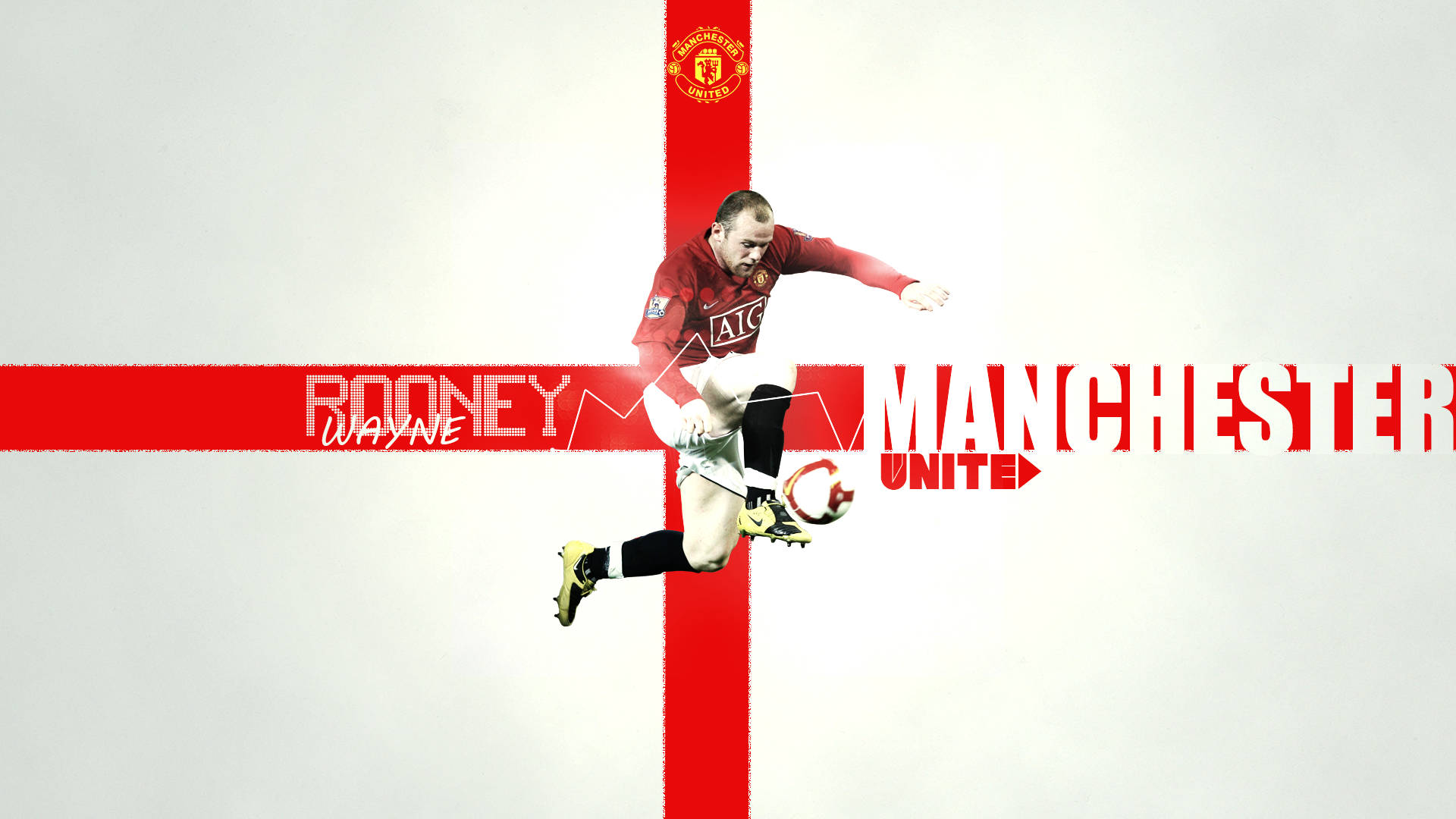 Rooney 桌布 壁紙 — 韋恩·魯尼身穿紅色曼聯球衣，在醒目的紅色十字背景前踢球，背景有球隊名稱和隊徽。