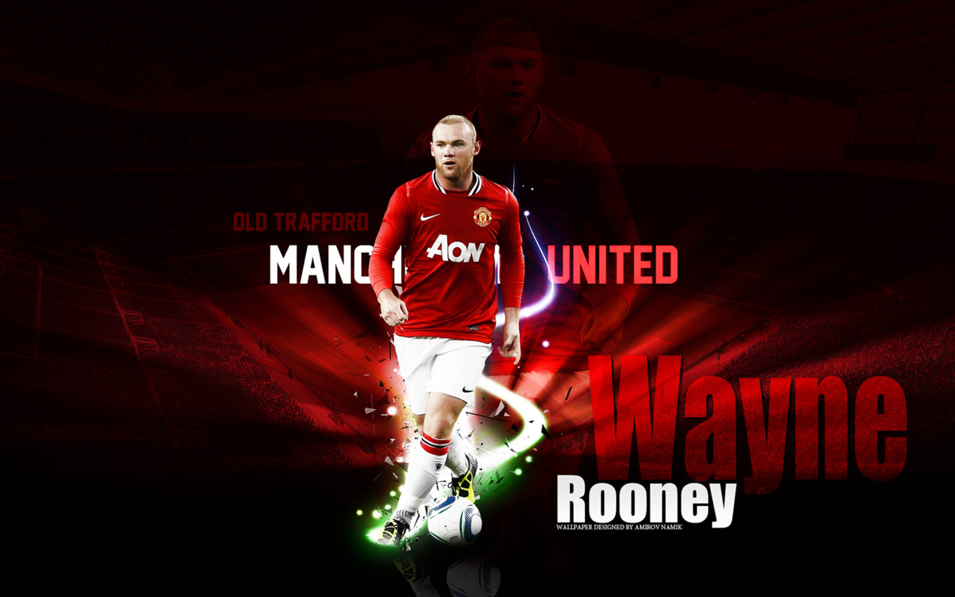 Rooney 桌布 壁紙 — 韋恩·魯尼身穿紅色曼聯球衣，在黑暗的球場背景下帶有發光效果盤球。