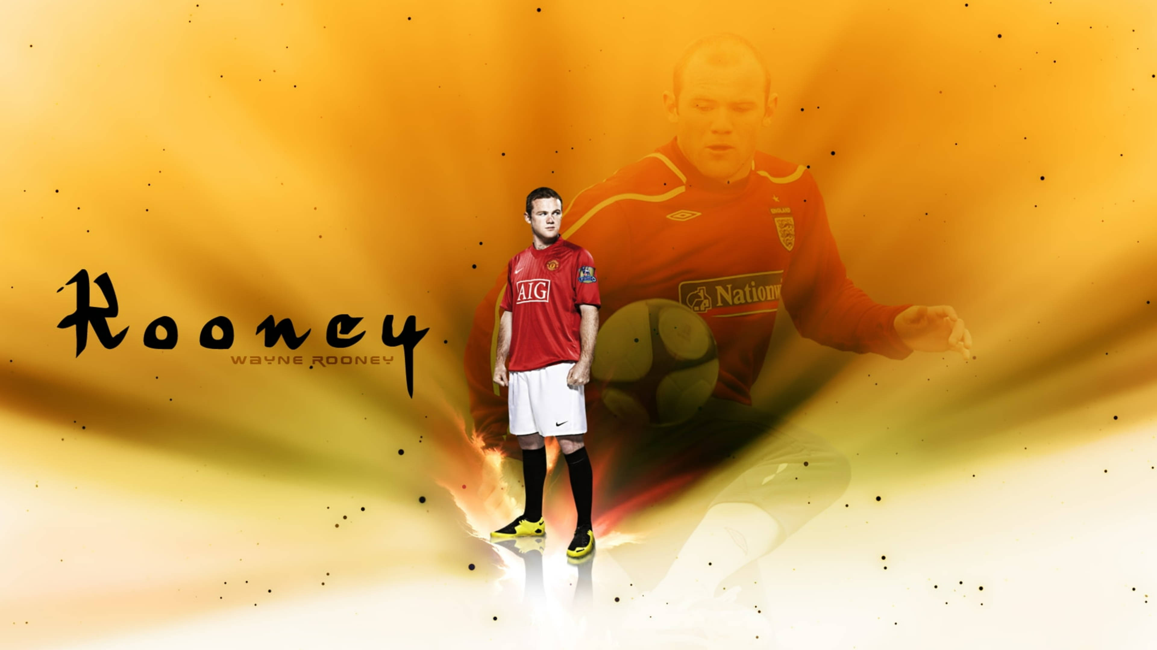 Rooney 桌布 壁紙 — 韋恩·魯尼身穿紅色曼聯球衣，自信地站在閃耀的金色背景前，身後有一個半透明的動作剪影。