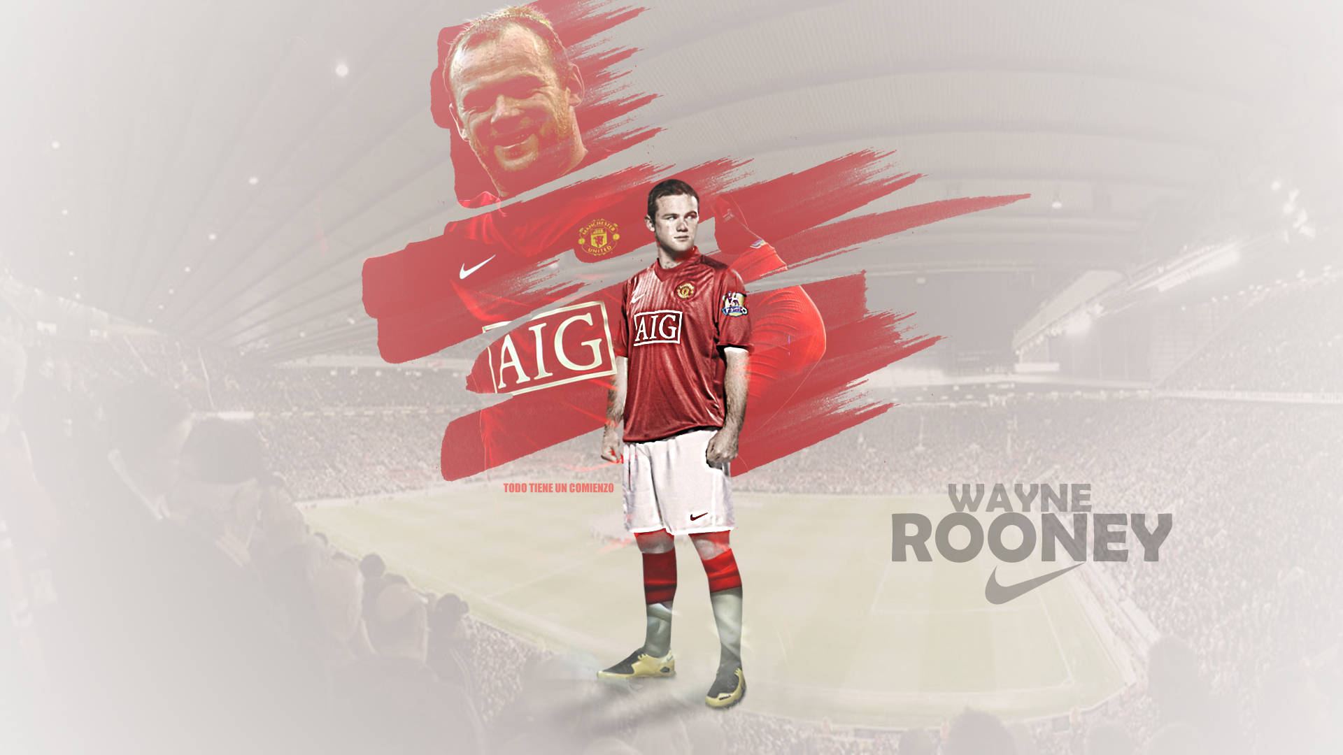 Rooney 桌布 壁紙 — 韋恩·魯尼身穿紅色曼聯球衣，自信地站在模糊的球場上，身後有醒目的紅色筆觸圖案。