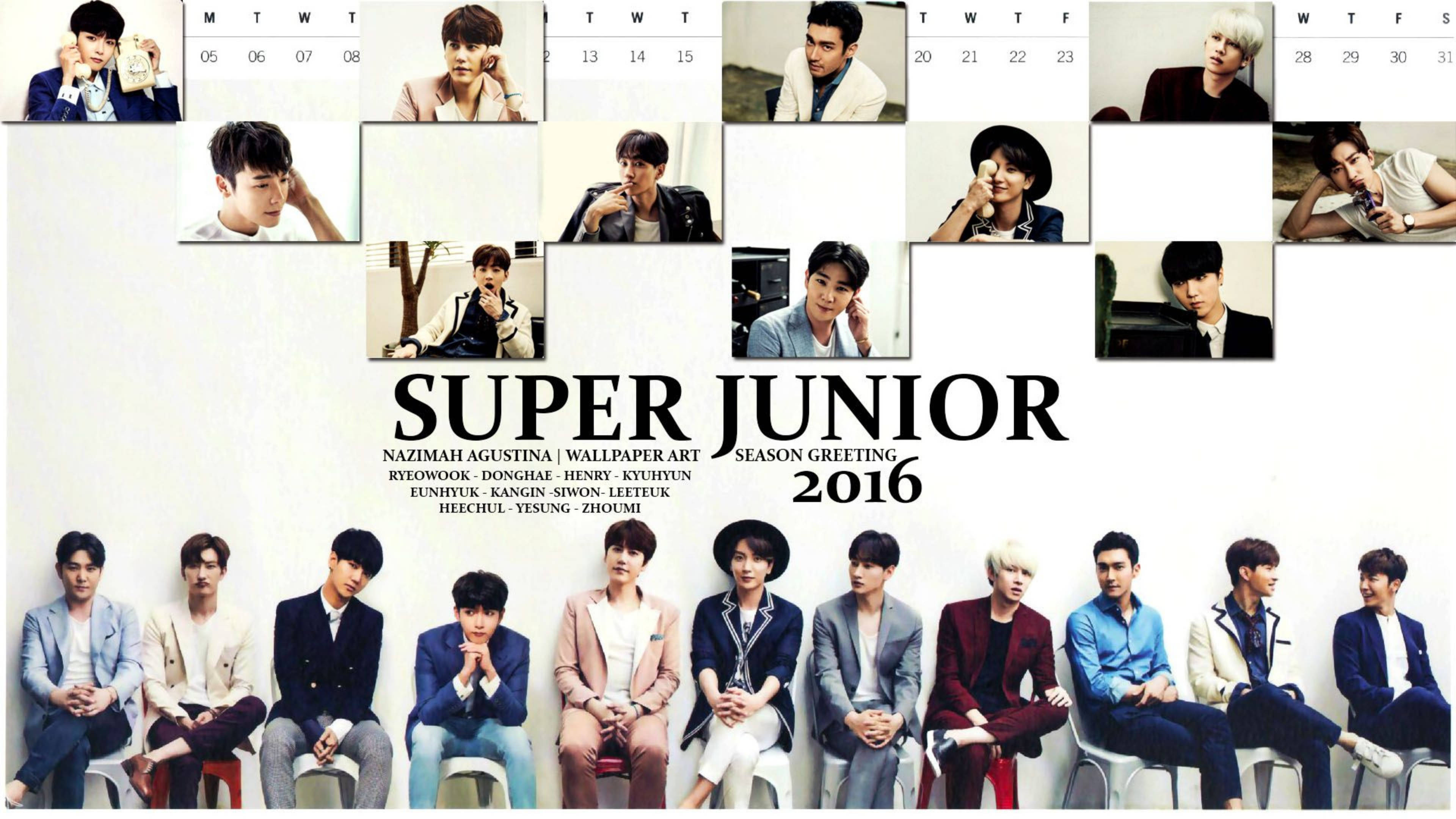 Super 桌布 壁紙 — 韓國流行組合Super Junior成員以時尚造型擺姿勢的2016年季節問候桌布拼貼。