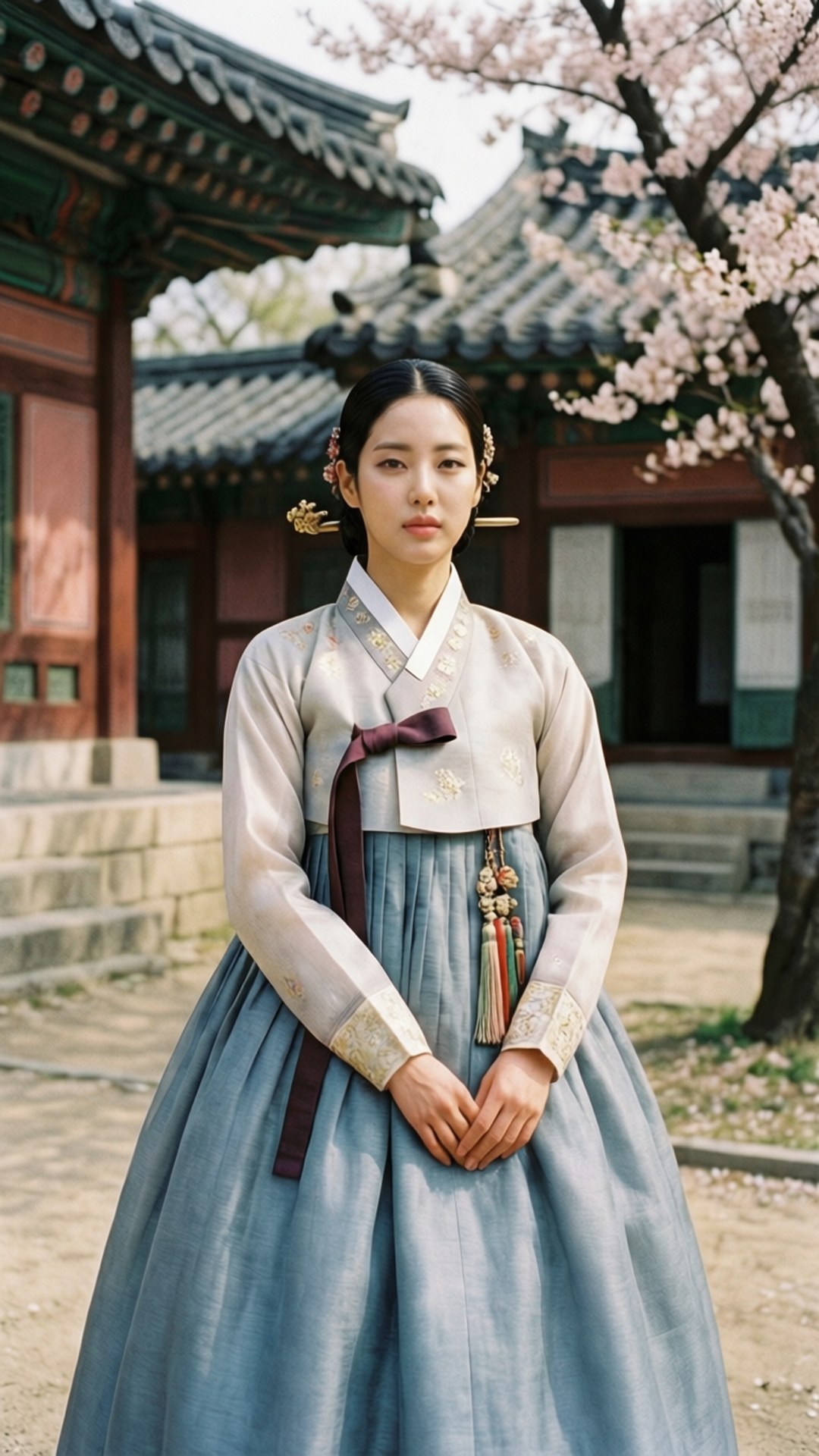 韓服智秀 壁紙 — 一位穿著傳統韓國韓服的年輕女子在歷史悠久的寺廟附近盛開的櫻花下寧靜地站立。