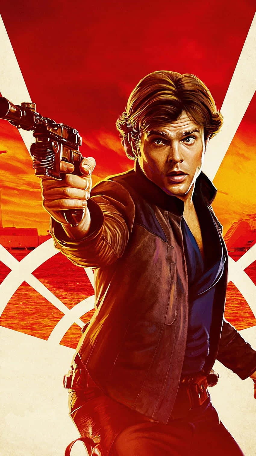 Solo A Star Wars Story 桌布 壁紙 — 韓索羅在熾熱的紅色和橙色日落背景下，專注地瞄準他的爆能槍。