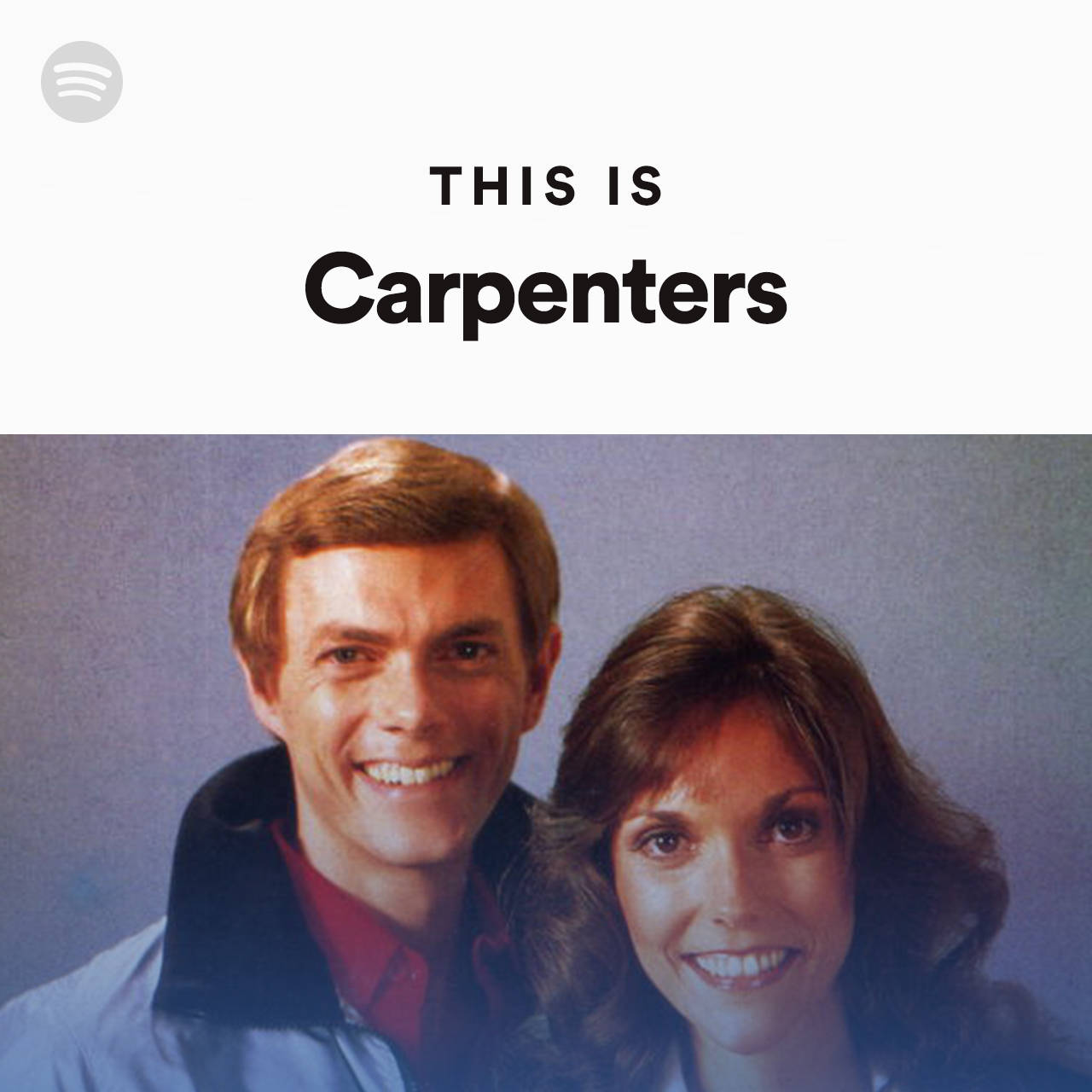 Spotify Playlist Cover 桌布 壁紙 — 音樂二人組 Carpenters 在純藍色背景上溫暖微笑的復古肖像。