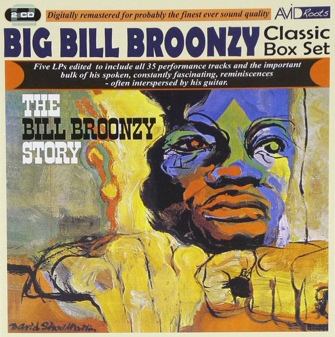 poster 桌布 壁紙 — 音樂家 Big Bill Broonzy 的鮮豔抽象肖像，大膽的黃色、藍色和橙色筆觸傳達出原始的藝術能量。
