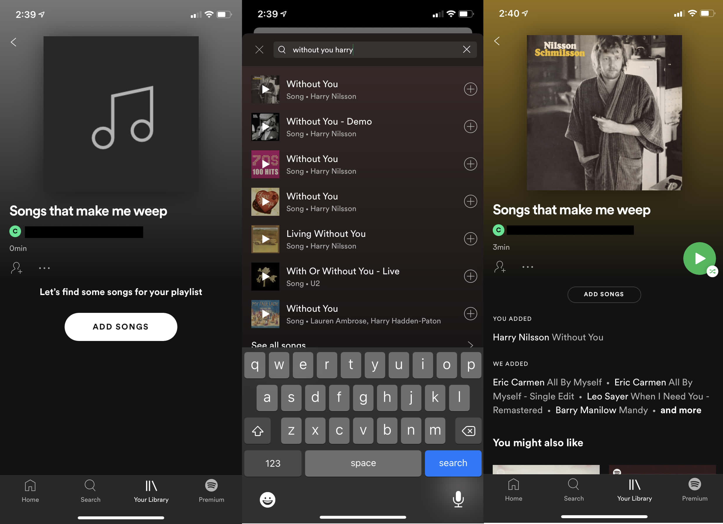 Spotify Playlist 桌布 壁紙 — 音樂應用程式的三個分割畫面視圖，顯示名為「讓我哭泣的歌曲」的播放清單，以及搜尋結果和藝人專輯封面。