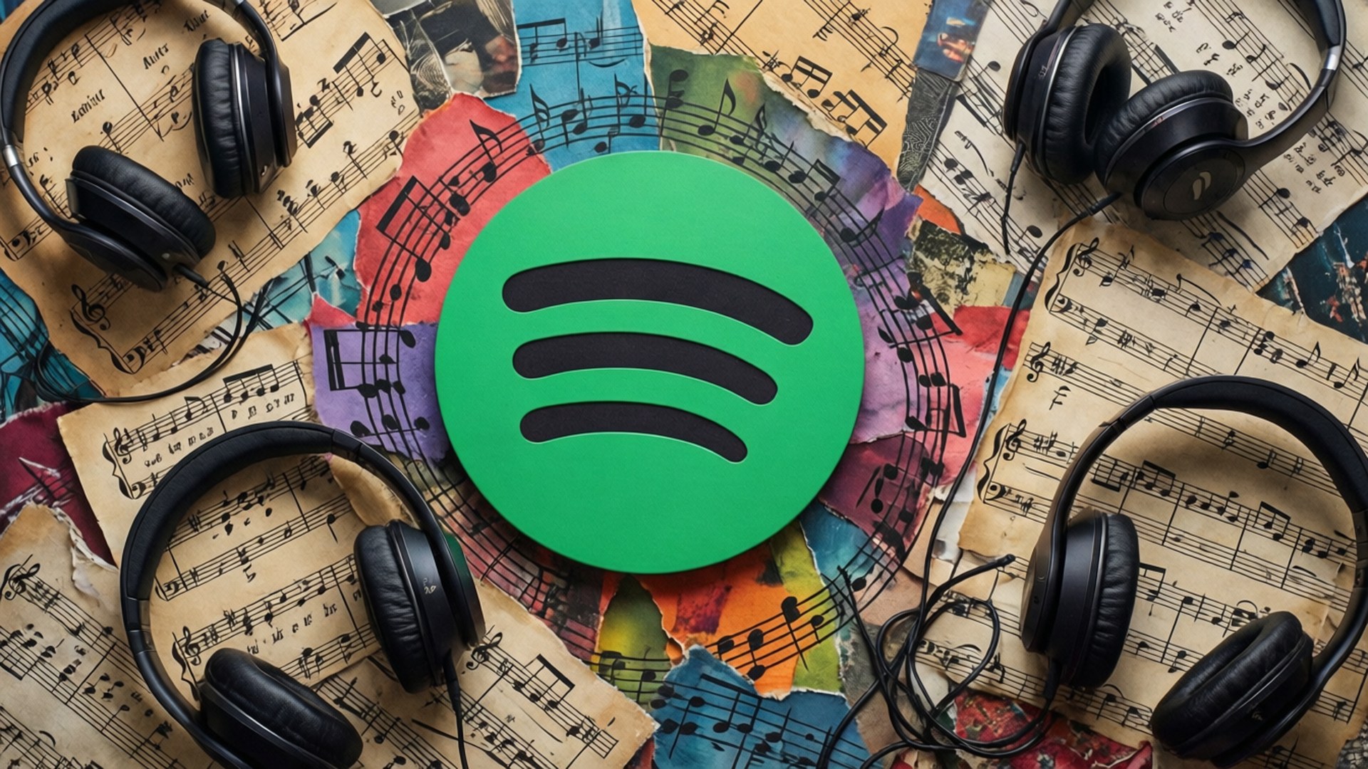 音樂音符拼貼 壁紙 — 一個充滿活力的綠色Spotify標誌，周圍環繞著撕碎的彩色樂譜和黑色耳機，以平鋪構圖呈現。