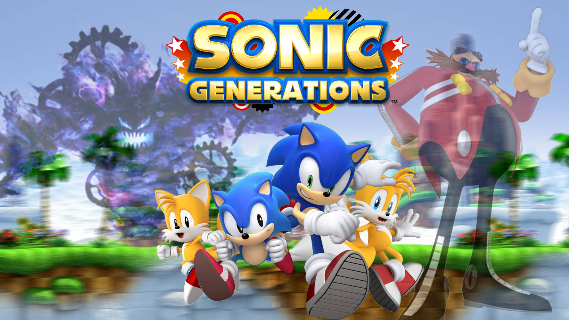 Eggman 桌布 壁紙 — 《音速小子 世代》遊戲封面，展示音速小子、塔爾斯、納克魯斯和艾咪奔跑，而蛋頭博士在背後隱現，背景是充滿活力的卡通風景。