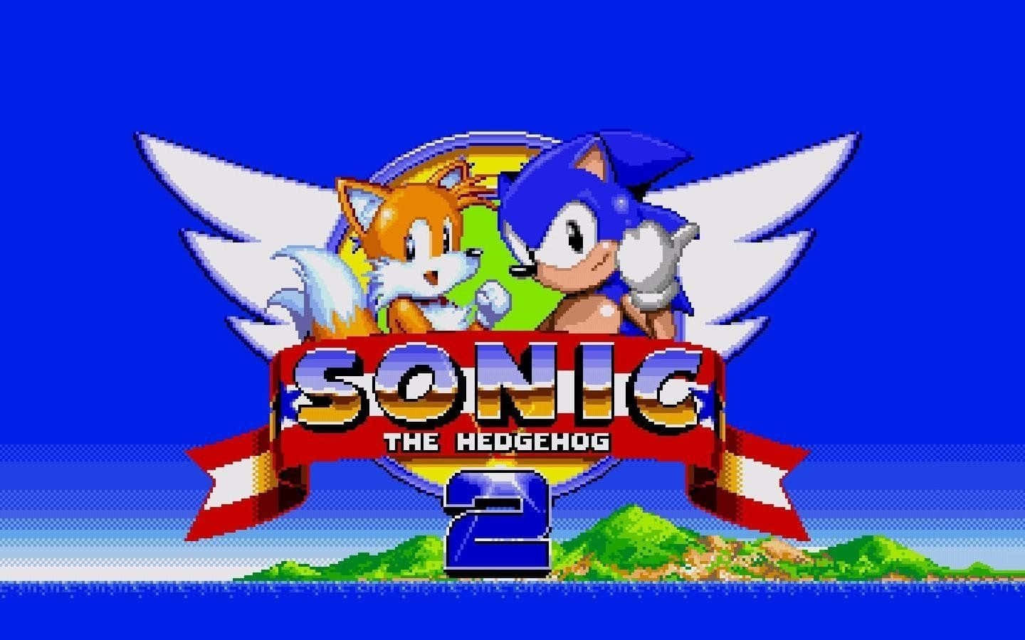 Sonic 2 桌布 壁紙 — 《音速小子2》像素藝術標題畫面，索尼克和塔爾斯帶翅膀，背景是藍天和綠丘。