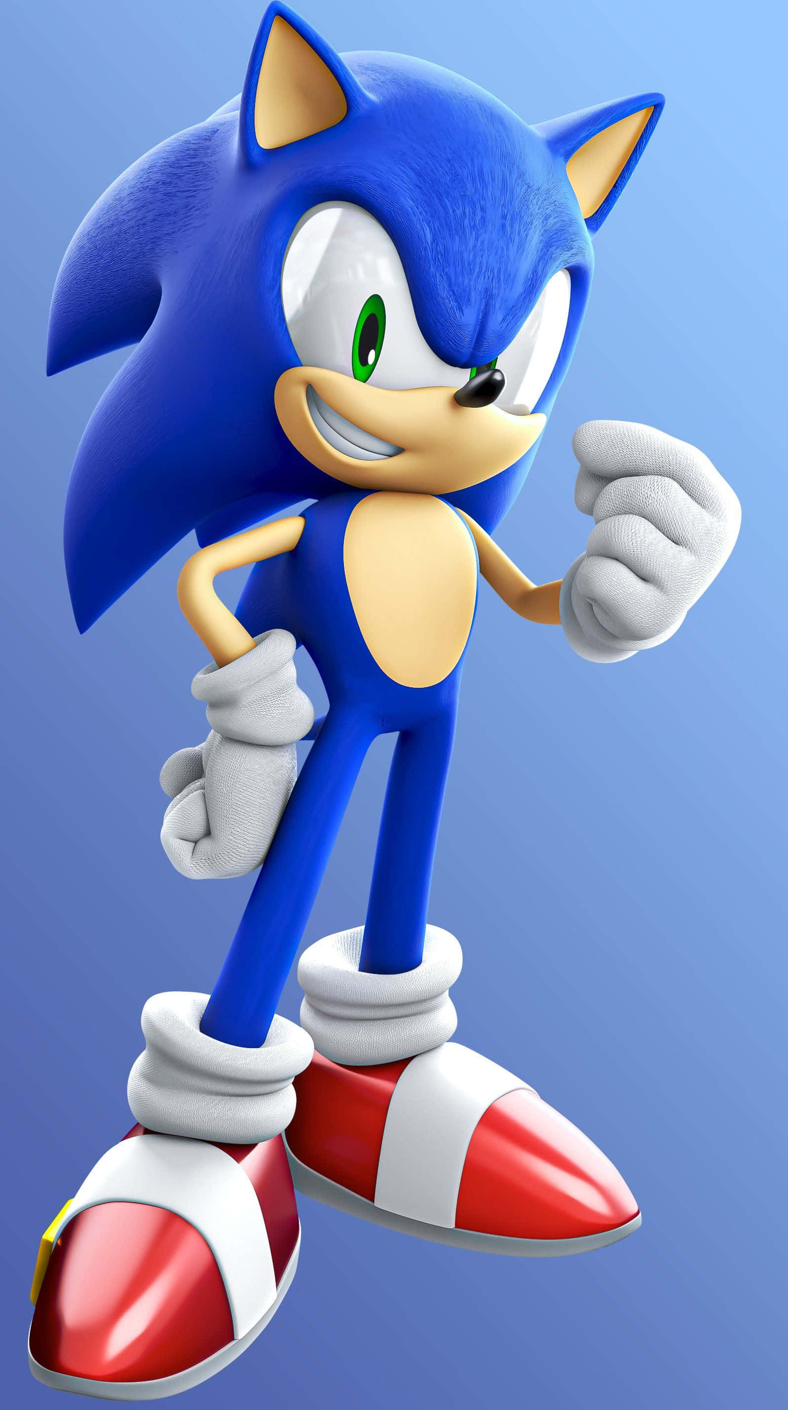 Modern Sonic 桌布 壁紙 — 音速小子以充滿自信的動感姿態，站在柔和的藍色漸變背景前。