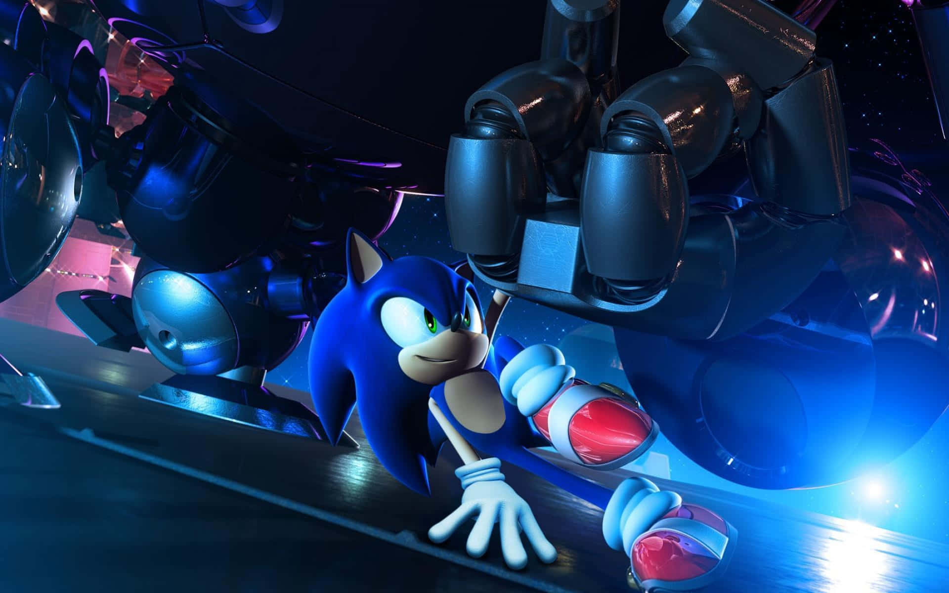 Sonic Cd 桌布 壁紙 — 音速小子以動感姿態在霓虹燈照亮的未來競技場中躲避巨型機械拳頭。
