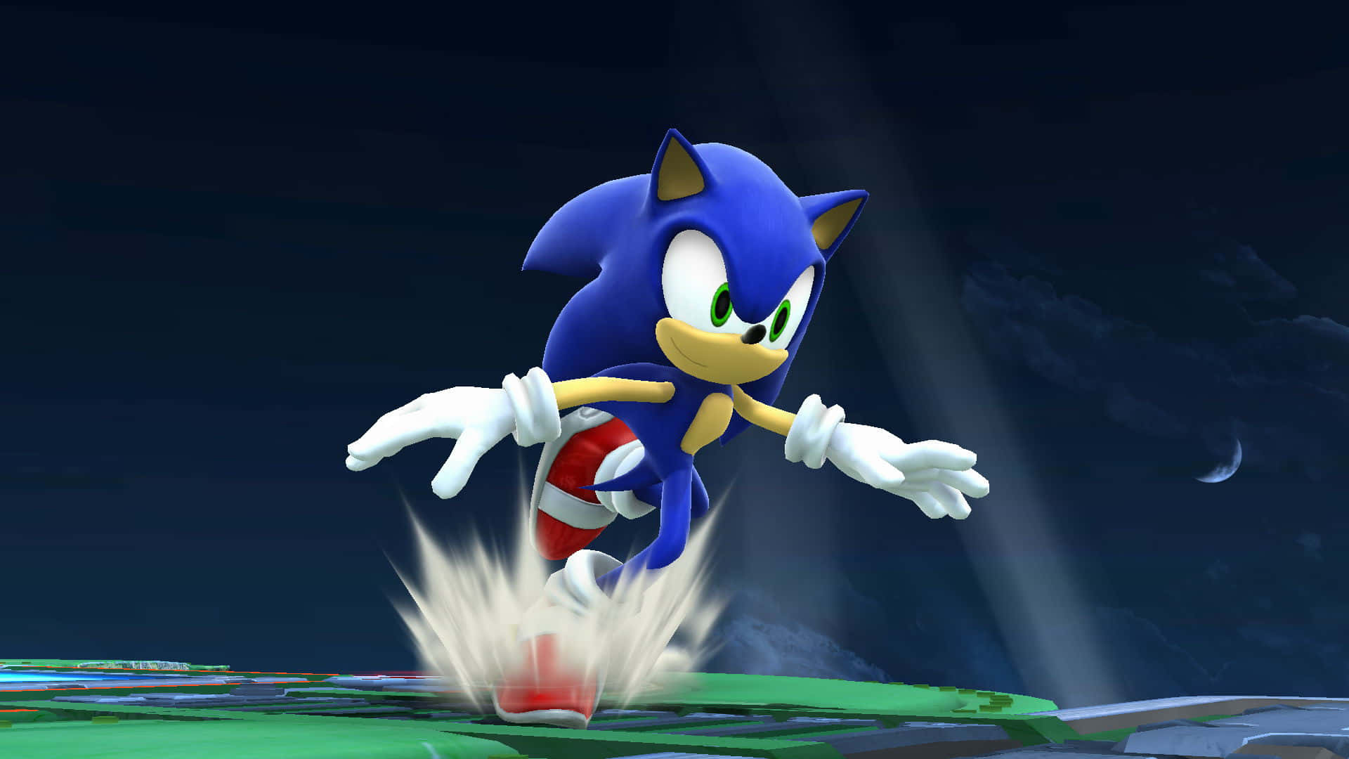 Modern Sonic 桌布 壁紙 — 音速小子以高速向前衝刺，在漆黑的夜空留下一道白煙痕跡，空中掛著一彎新月。