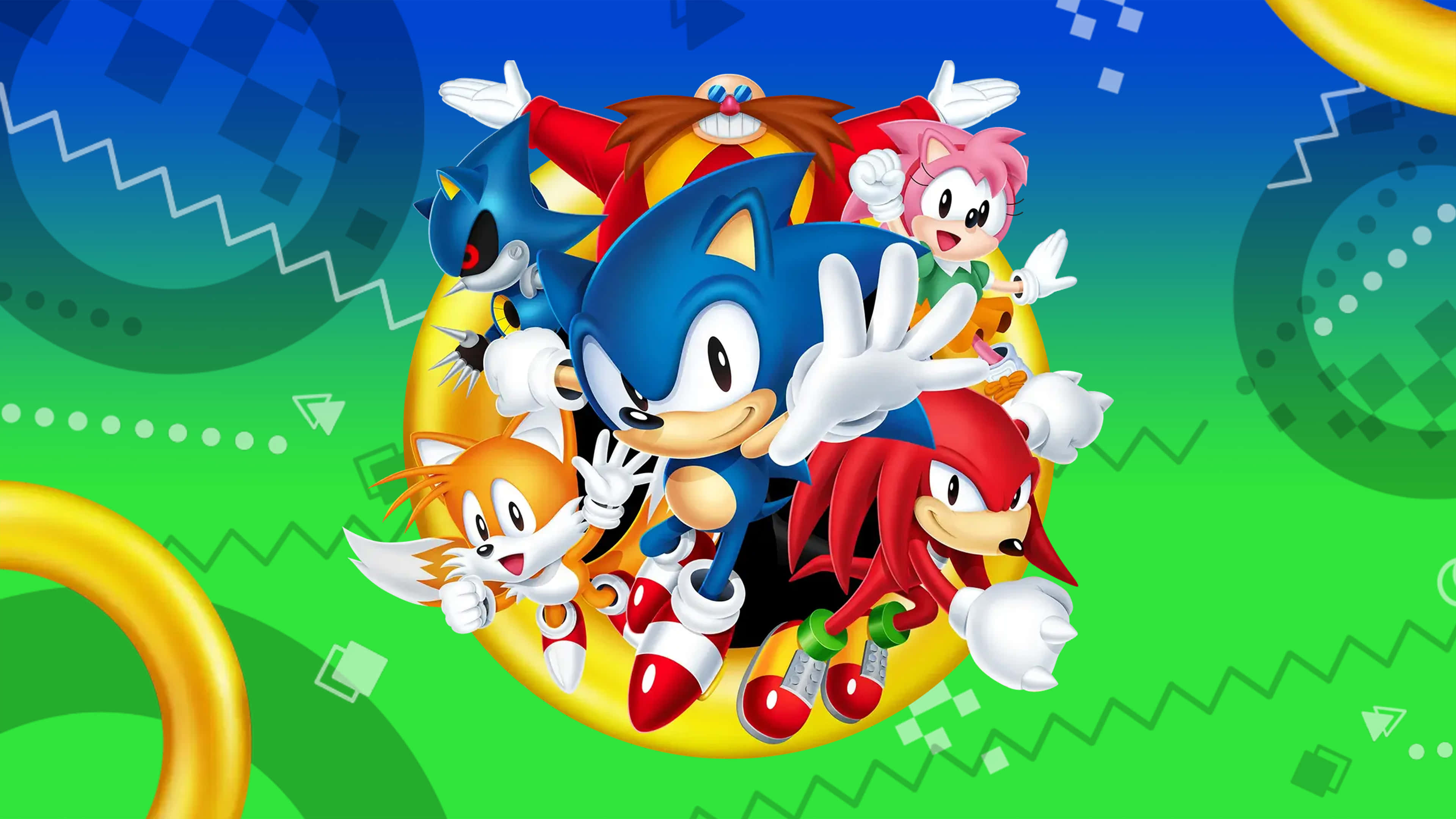 Sonic Art 桌布 壁紙 — 音速小子和他的朋友們在金色圓環上充滿活力地擺姿勢，背景是帶有幾何圖案的鮮豔綠色和藍色漸變背景。