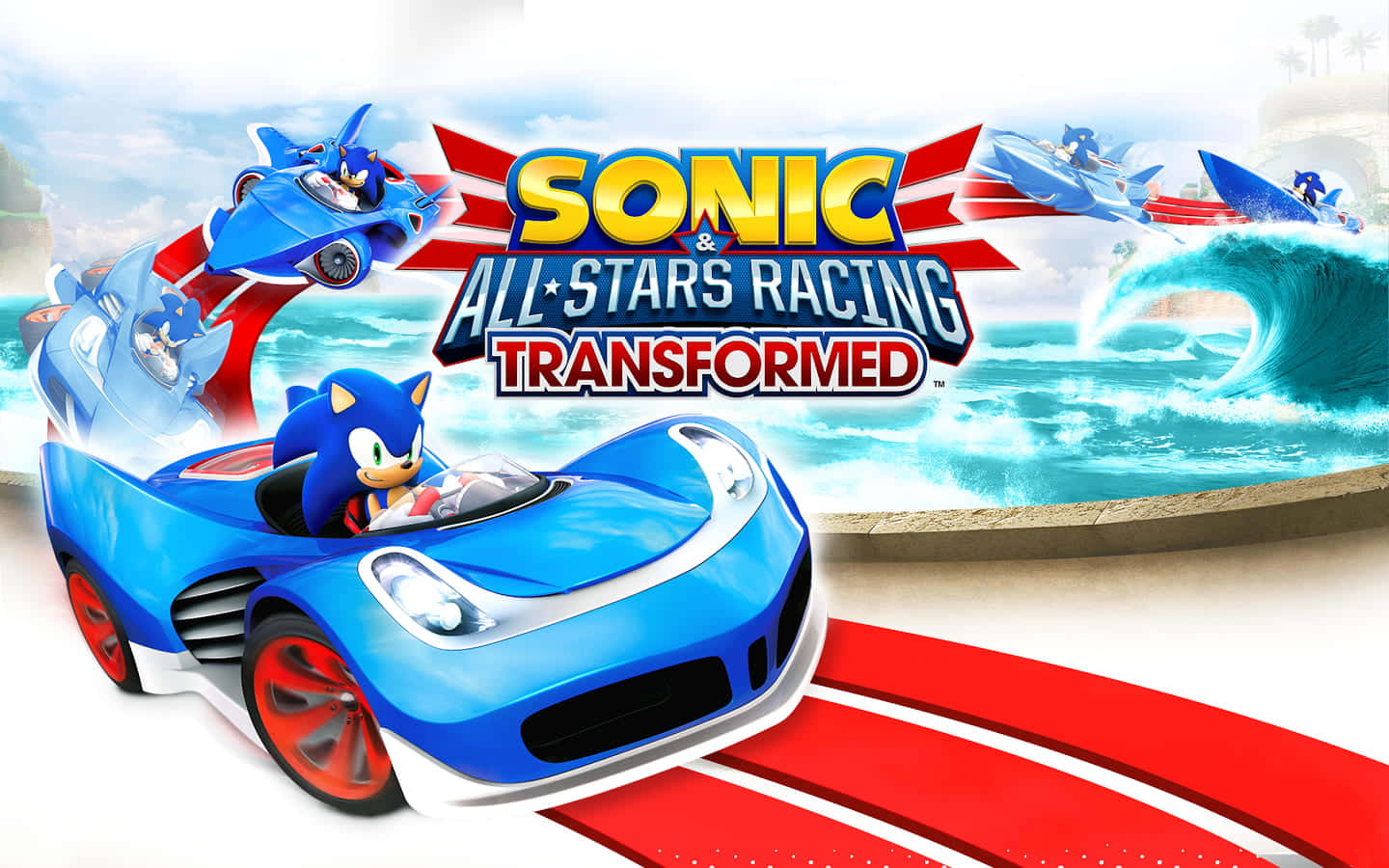 Sonic And All-stars Racing Transformed 桌布 壁紙 — 音速小子在紅色賽道上駕駛一輛藍色車輪的藍色賽車，背景有海浪和其他賽車手。