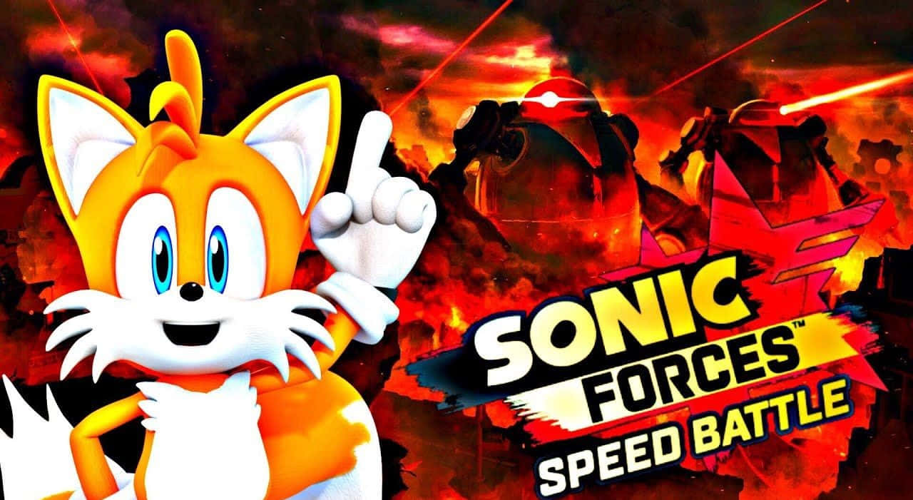 Sonic Forces Speed Battle 桌布 壁紙 — 《音速小子武力》中的塔爾斯自信地指向一個充滿機械敵人和發光紅色雷射的熾熱戰場。