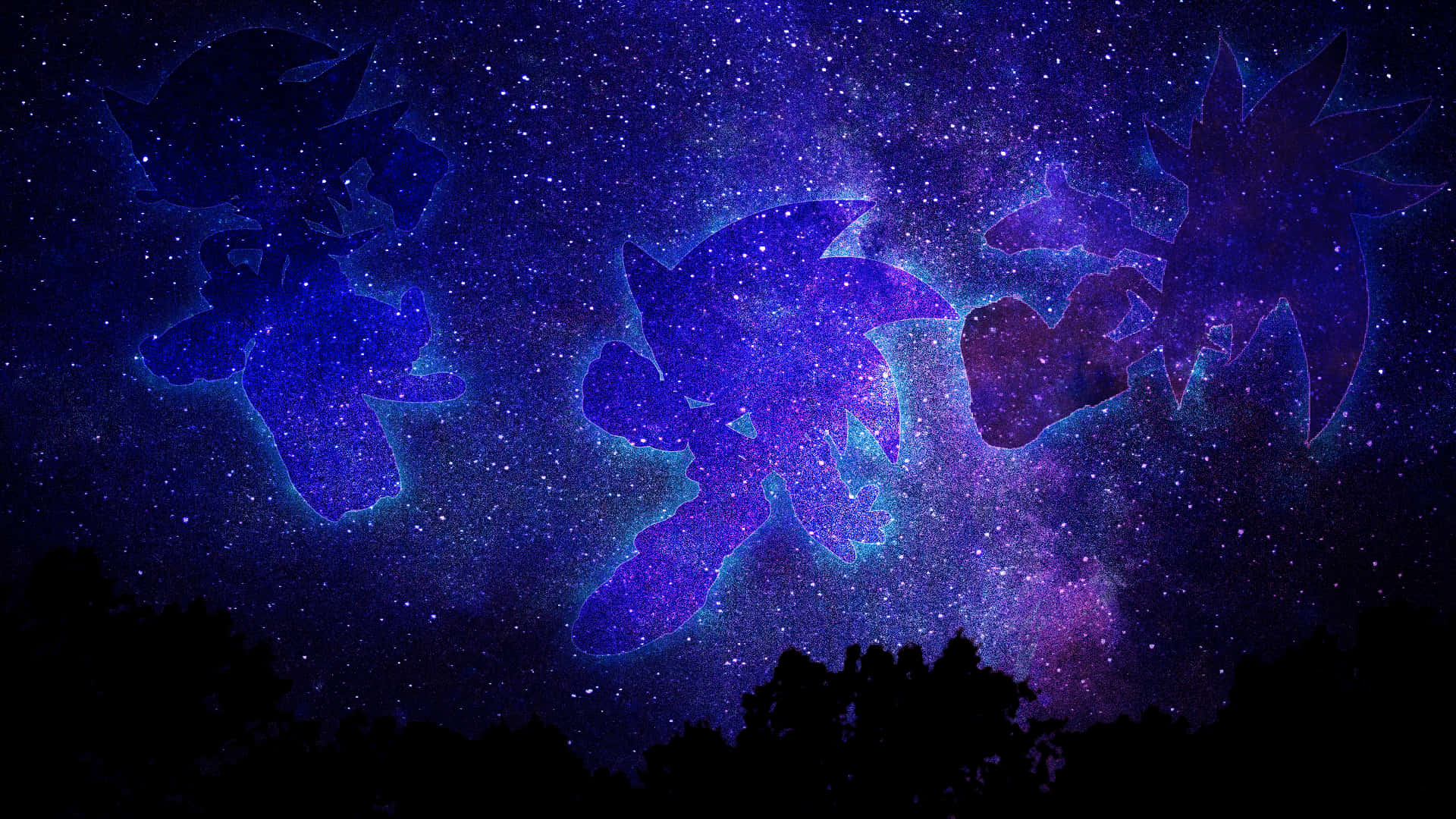 Stars 桌布 壁紙 — 音速小子的剪影在黑暗森林剪影上方充滿活力的紫色星空夜空中翱翔。