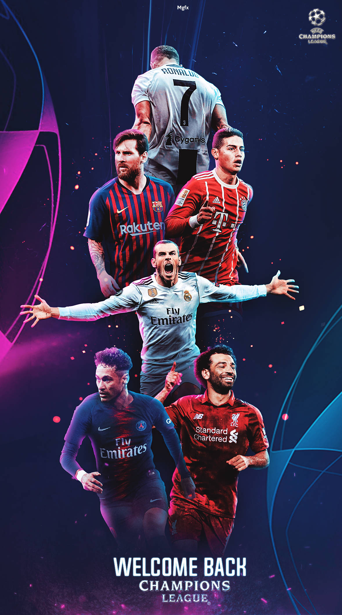 Uefa 桌布 壁紙 — 頂級足球員身穿隊服在帶有發光粒子的宇宙紫色藍色背景前慶祝的動態拼貼畫。