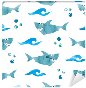 鯊魚 桌布 壁紙 — 頑皮的藍色鯊魚和波浪在白色背景上以重複圖案游動，帶有散落的氣泡。