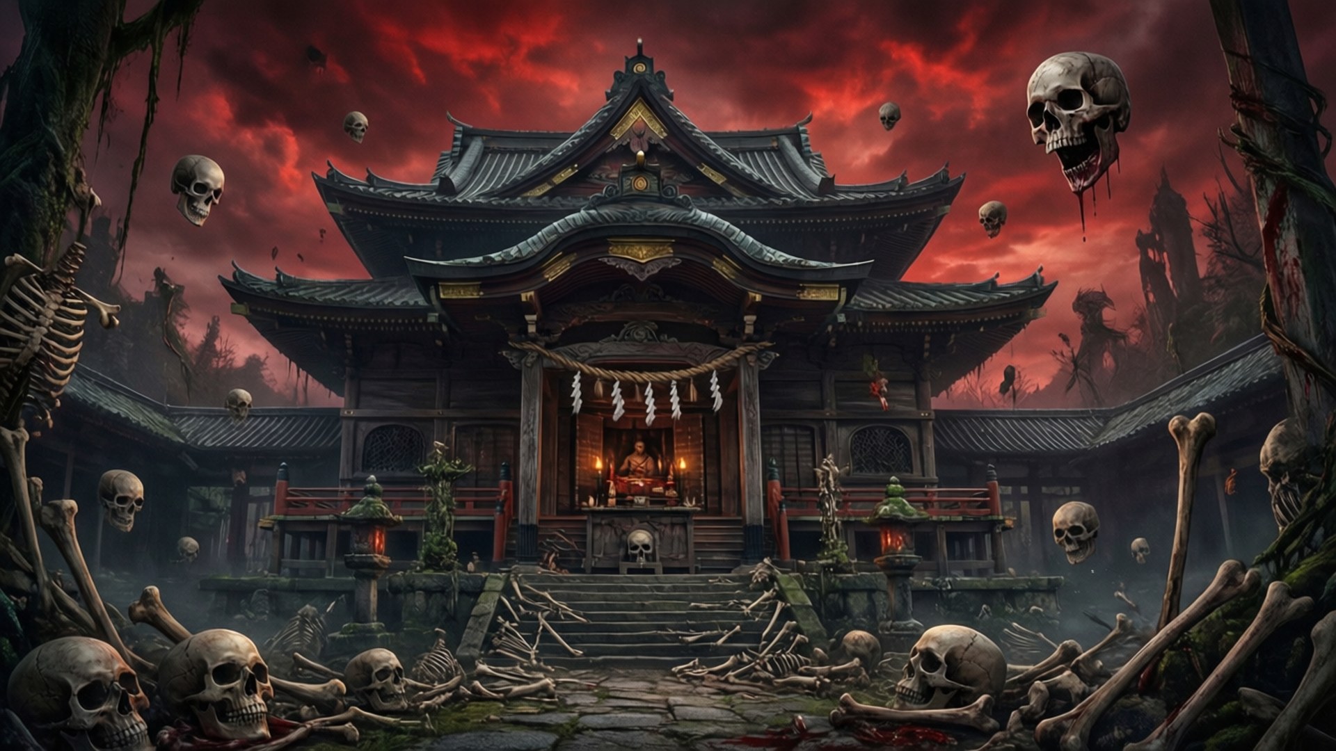 領域展開 壁紙 — 血紅色天空下，被漂浮頭骨和散落骨頭包圍的日本神社，充滿鬼魅氣息。