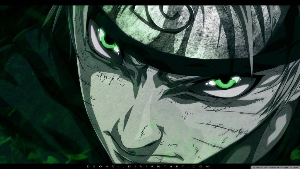 Naruto HD 桌布 壁紙 — 頭帶下一個發著綠光眼睛和縫合疤痕面孔的動漫角色特寫。