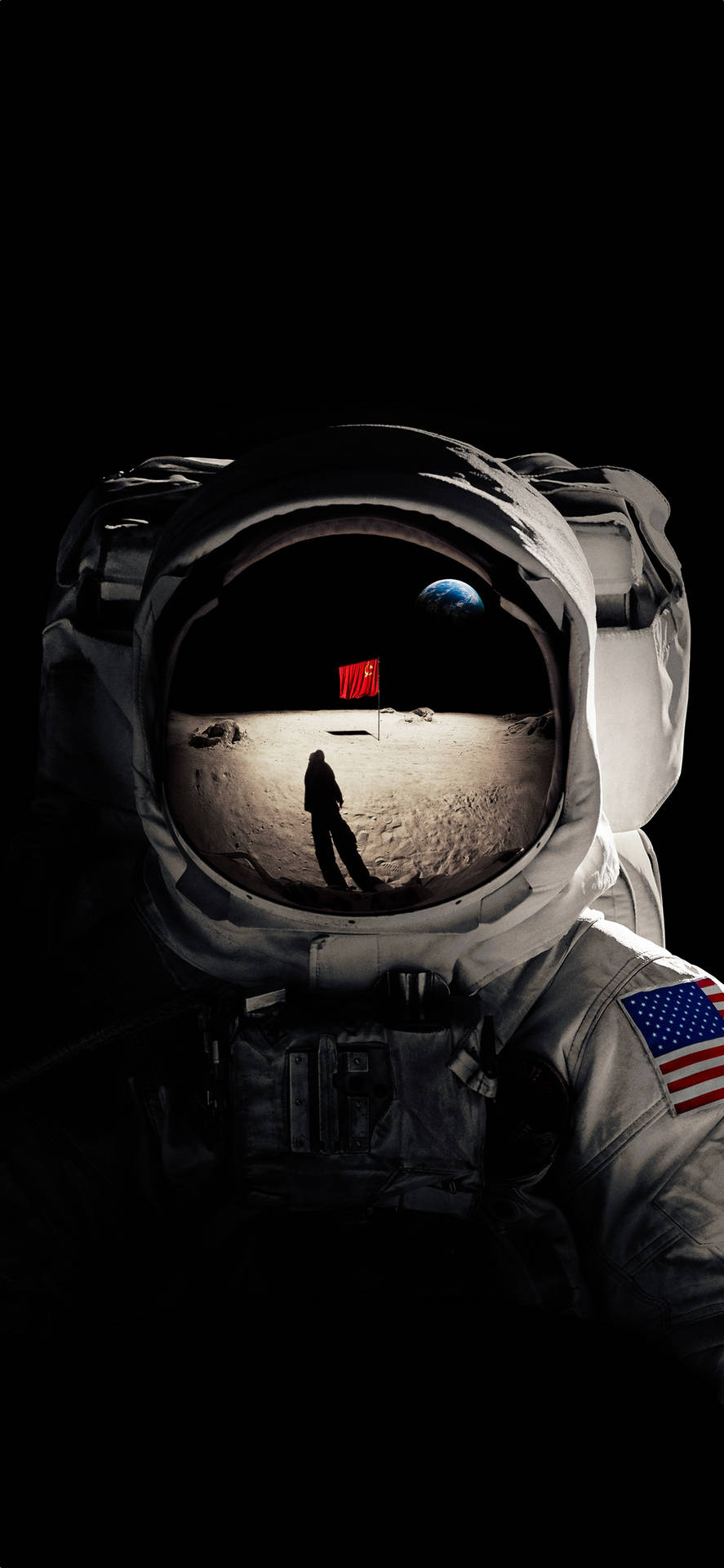  壁紙 — 頭盔中的太空人反射出孤獨的身影在月球上插上中國國旗，背景可見地球。